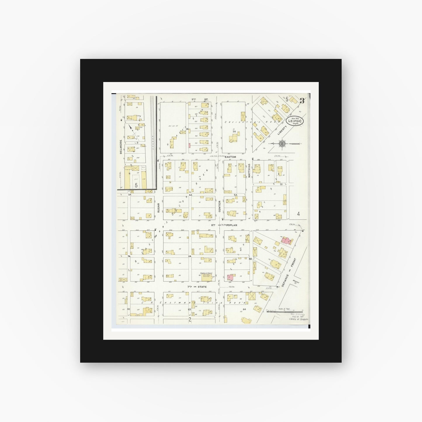 Old map wall art mockup — black gallery frame with white mat — Sanborn Fire Insurance Map from Leipsic, Putnam County, Ohio (1910), Sheet #0003