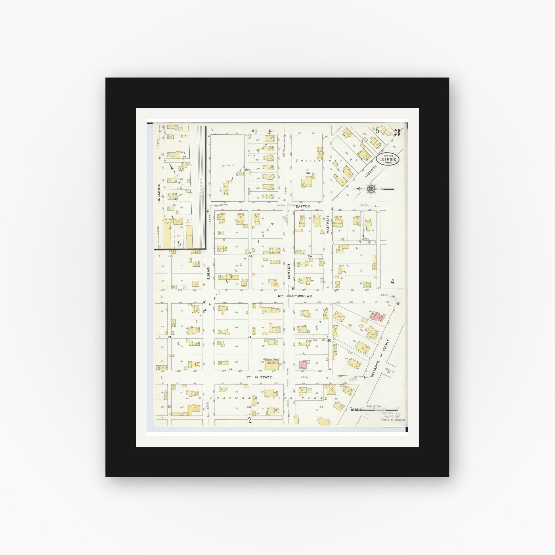 Old map wall art mockup — black gallery frame with white mat — Sanborn Fire Insurance Map from Leipsic, Putnam County, Ohio (1910), Sheet #0003
