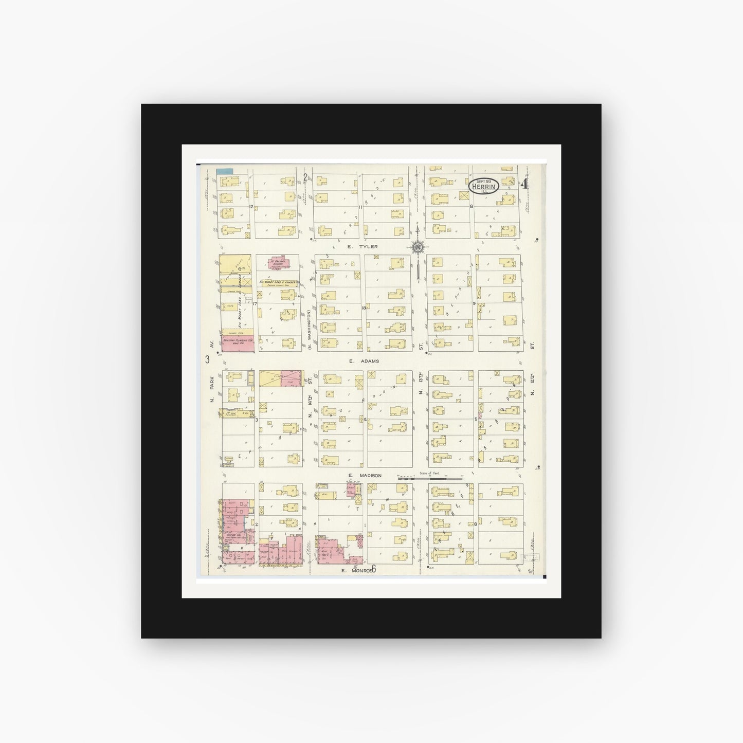 Old map wall art mockup — black gallery frame with white mat — Sanborn Fire Insurance Map from Herrin, Williamson County, Illinois (1913), Sheet #0004