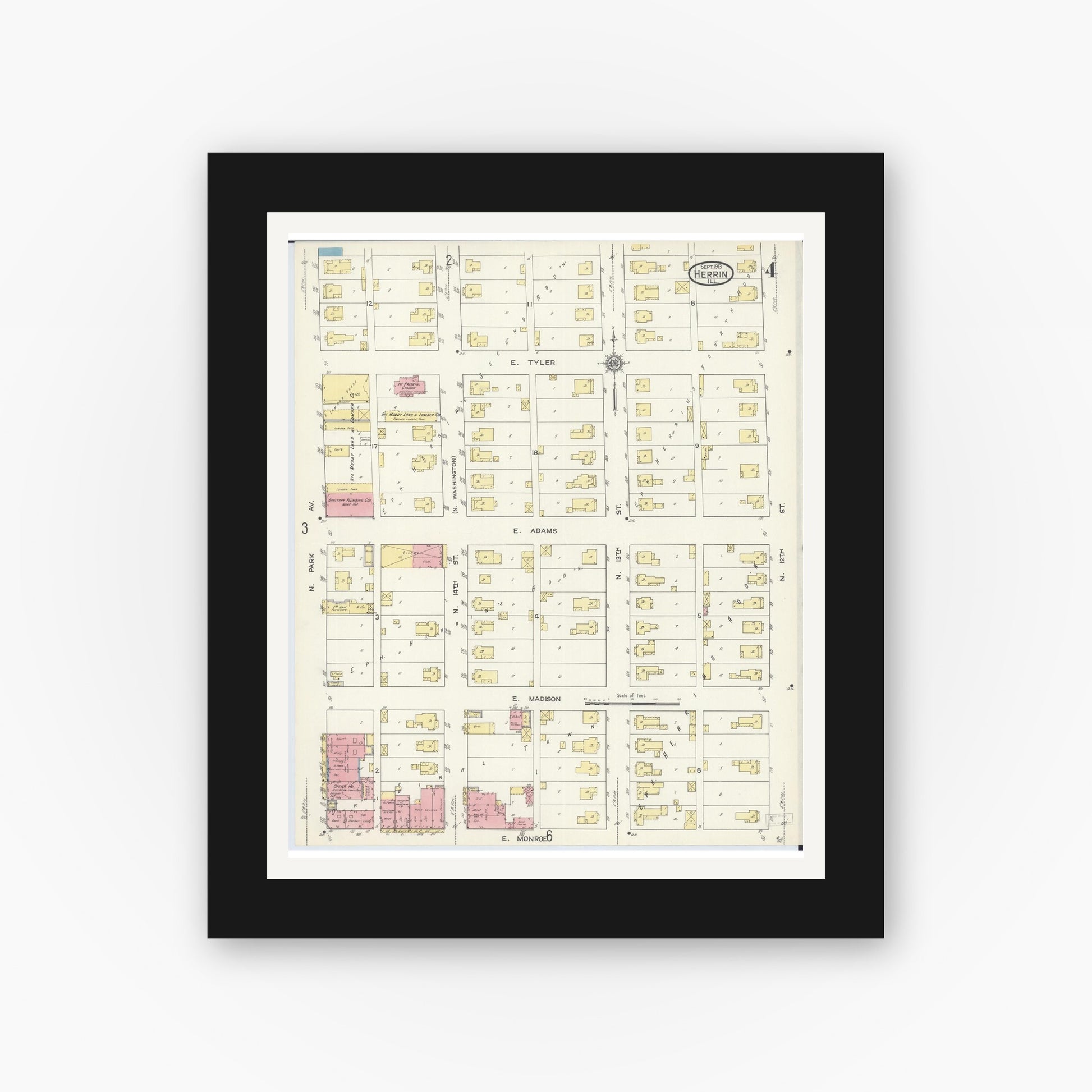 Old map wall art mockup — black gallery frame with white mat — Sanborn Fire Insurance Map from Herrin, Williamson County, Illinois (1913), Sheet #0004