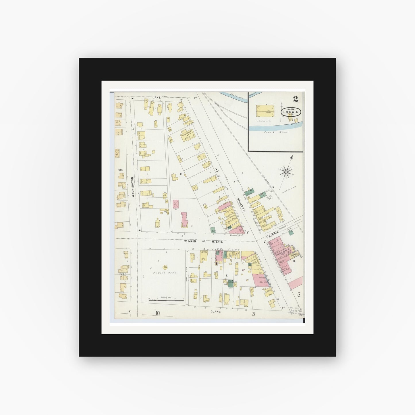 Old map wall art mockup — black gallery frame with white mat — Sanborn Fire Insurance Map from Lorain, Lorain County, Ohio (1896), Sheet #0002