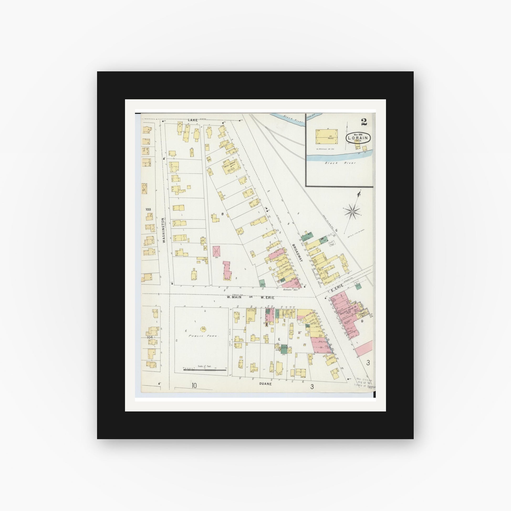 Old map wall art mockup — black gallery frame with white mat — Sanborn Fire Insurance Map from Lorain, Lorain County, Ohio (1896), Sheet #0002