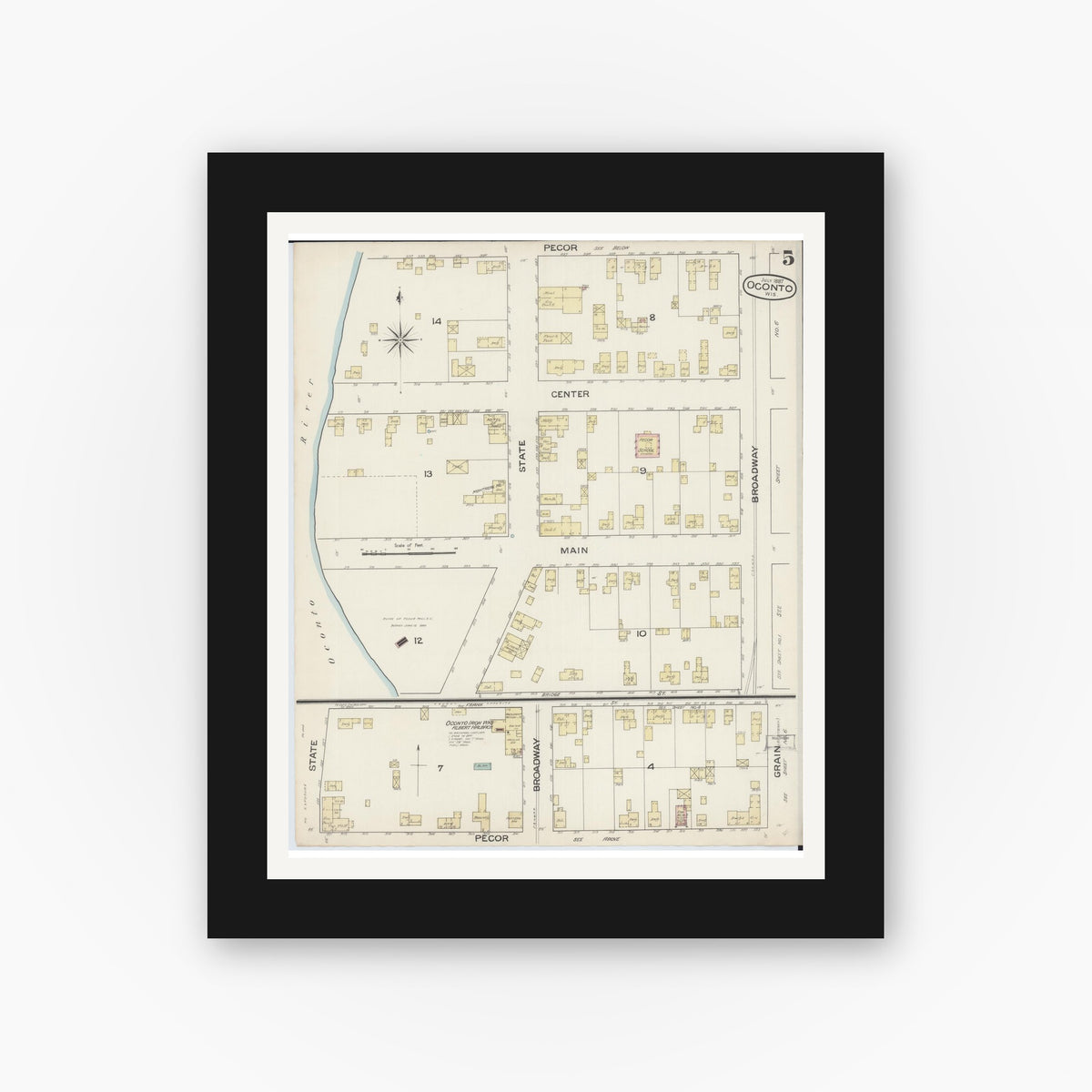 Old map wall art mockup — black gallery frame with white mat — Sanborn Fire Insurance Map from Oconto, Oconto County, Wisconsin (1887), Sheet #0005