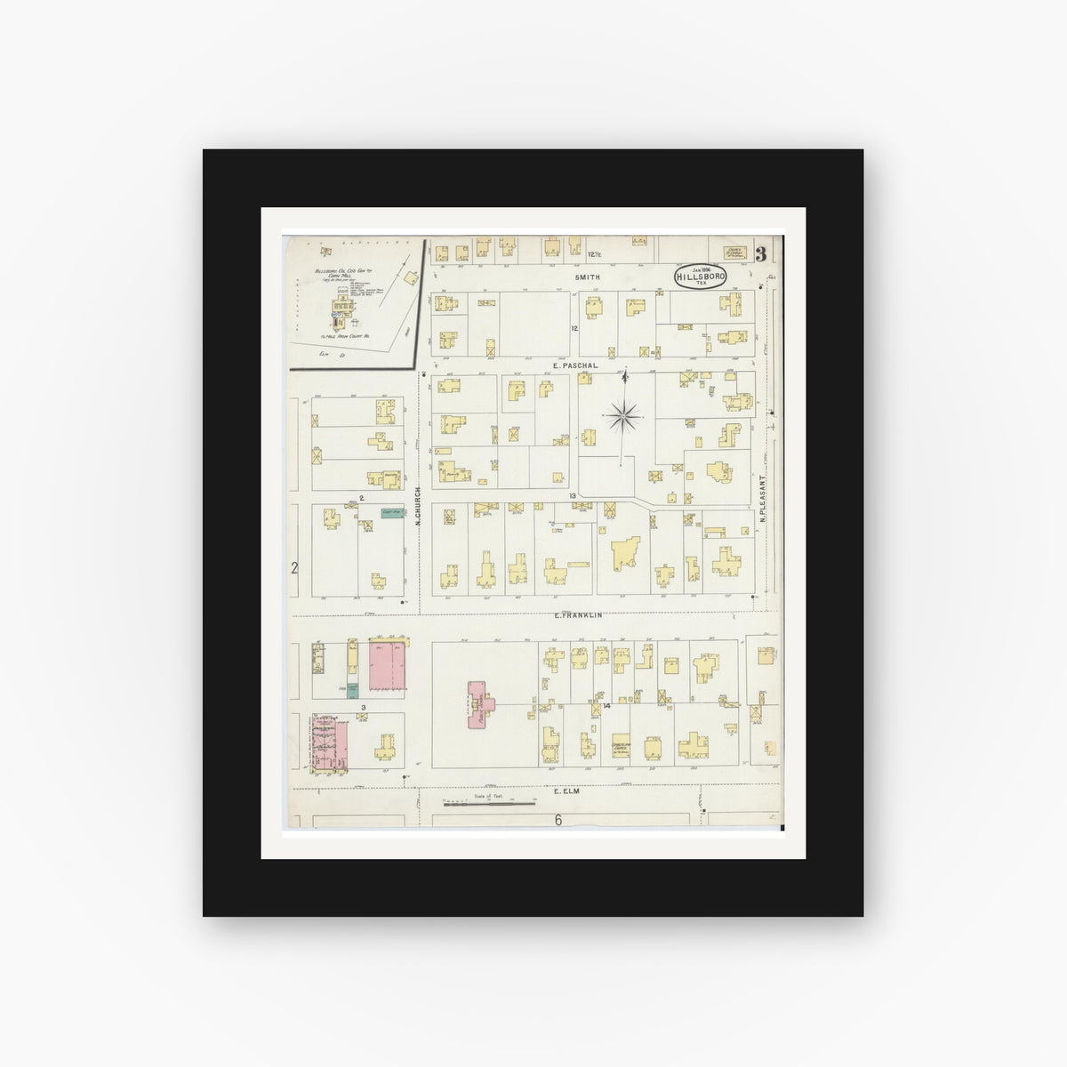 Old map wall art mockup — black gallery frame with white mat — Sanborn Fire Insurance Map from Hillsboro, Hill County, Texas (1896), Sheet #0003