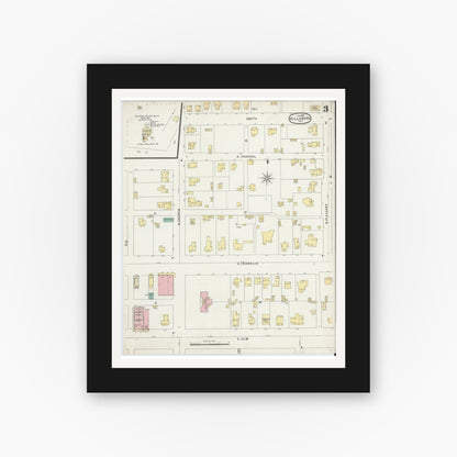 Old map wall art mockup — black gallery frame with white mat — Sanborn Fire Insurance Map from Hillsboro, Hill County, Texas (1896), Sheet #0003