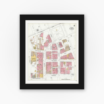 Old map wall art mockup — black gallery frame with white mat — Sanborn Fire Insurance Map from El Paso, El Paso County, Texas (1900), Sheet #0009
