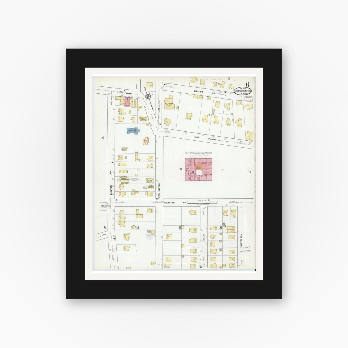 Old map wall art mockup — black gallery frame with white mat — Sanborn Fire Insurance Map from Port Washington, Nassau County, New York (1919), Sheet #0006
