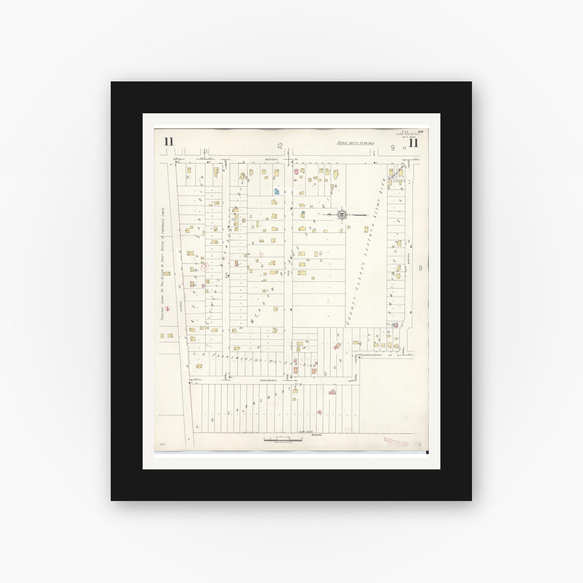 Old map wall art mockup — black gallery frame with white mat — Sanborn Fire Insurance Map from Glen Ellyn, Du Page County, Illinois (1946), Sheet #0011