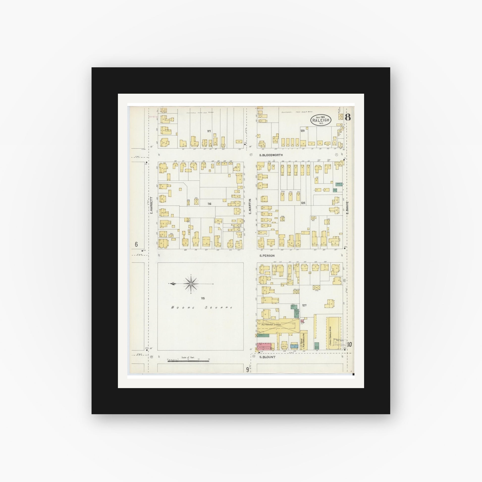Old map wall art mockup — black gallery frame with white mat — Sanborn Fire Insurance Map from Raleigh, Wake County, North Carolina (1903), Sheet #0008