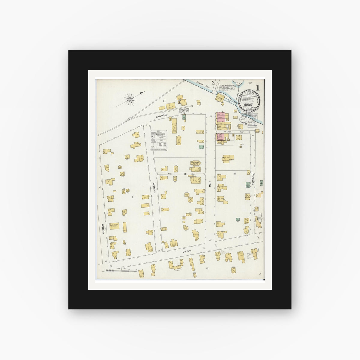Old map wall art mockup — black gallery frame with white mat — Sanborn Fire Insurance Map from Candor, Tioga County, New York (1900) - Complete Map Set