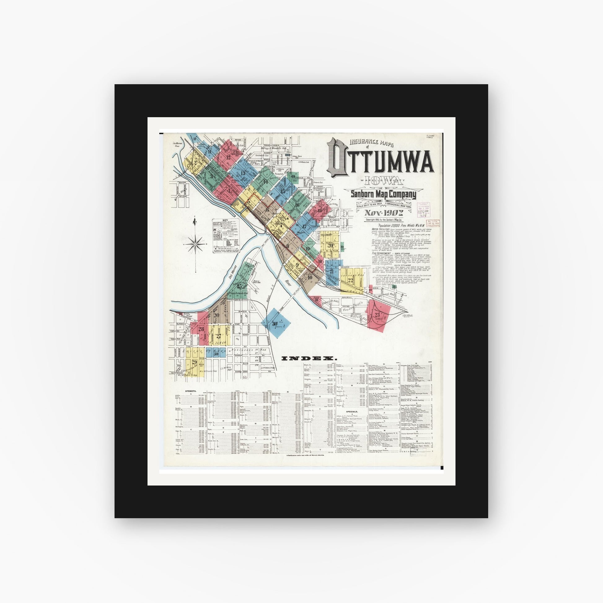 Old map wall art mockup — black gallery frame with white mat — Sanborn Fire Insurance Map from Ottumwa, Wapello County, Iowa (1902), Sheet #0001
