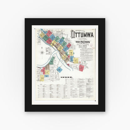 Old map wall art mockup — black gallery frame with white mat — Sanborn Fire Insurance Map from Ottumwa, Wapello County, Iowa (1902), Sheet #0001