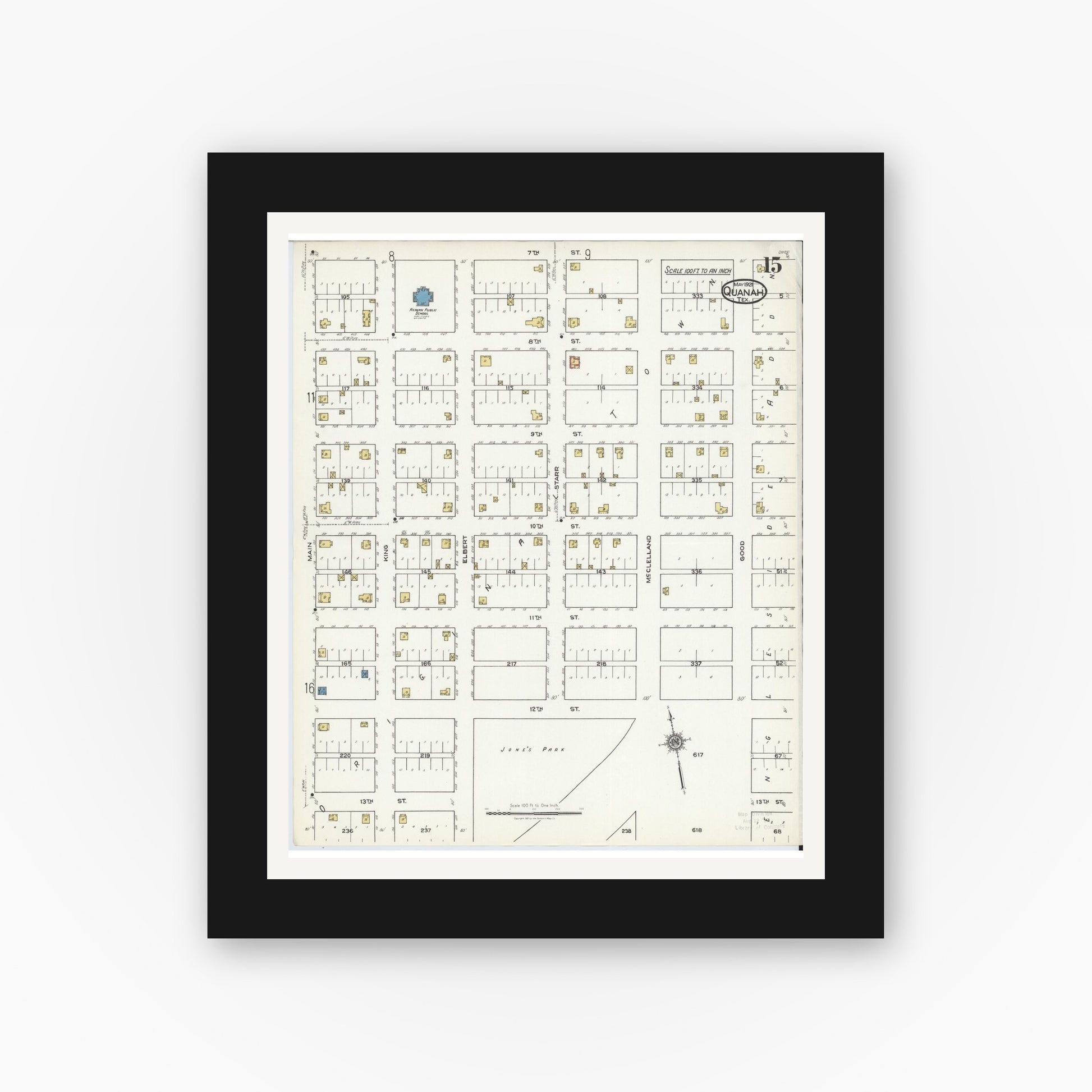 Old map wall art mockup — black gallery frame with white mat — Sanborn Fire Insurance Map from Quanah, Hardeman County, Texas (1921), Sheet #0015