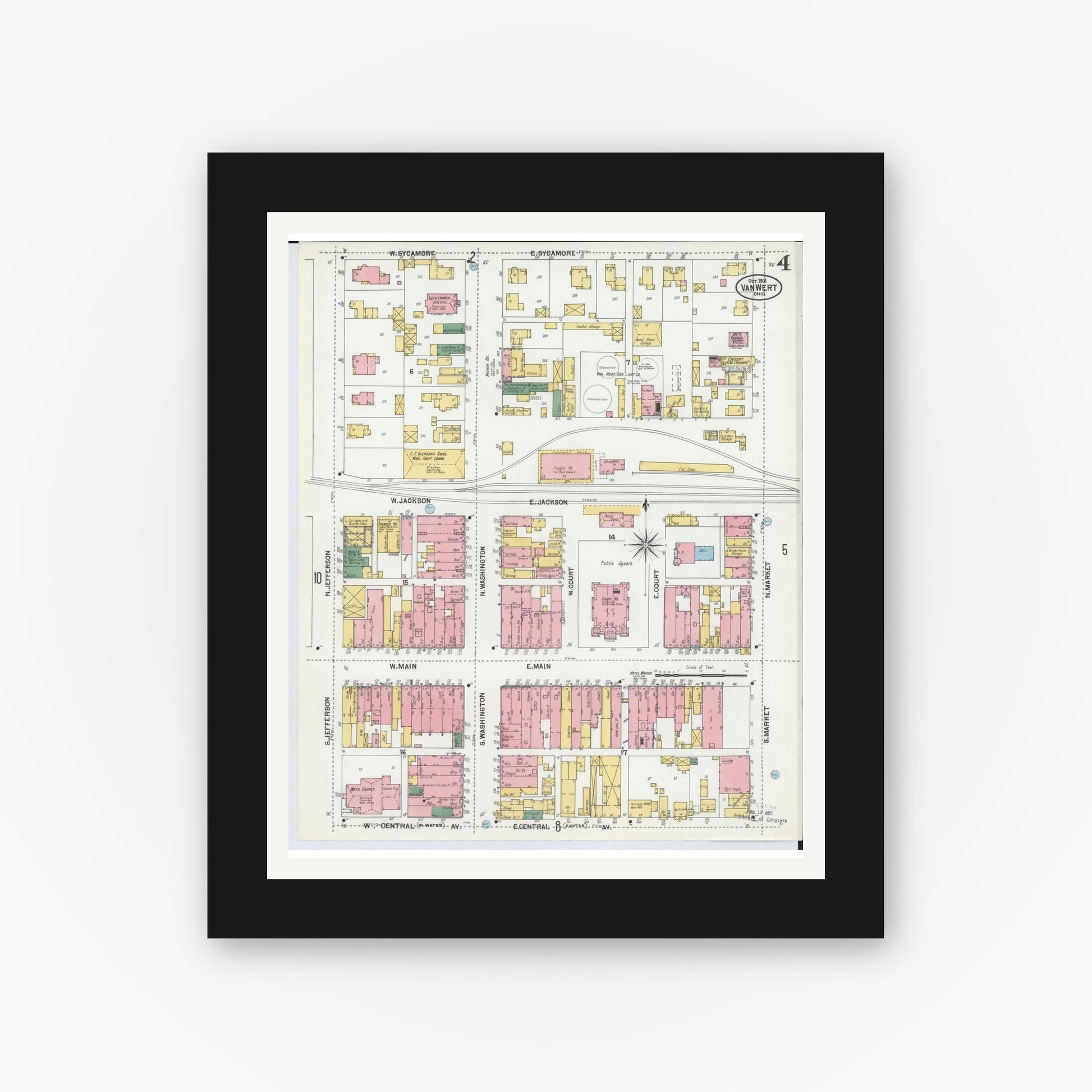 Old map wall art mockup — black gallery frame with white mat — Sanborn Fire Insurance Map from Van Wert, Van Wert County, Ohio (1901), Sheet #0004