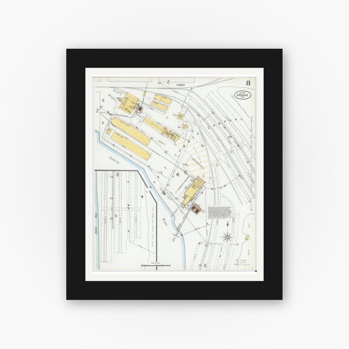 Old map wall art mockup — black gallery frame with white mat — Sanborn Fire Insurance Map from Orange, Orange County, Texas (1901), Sheet #0008