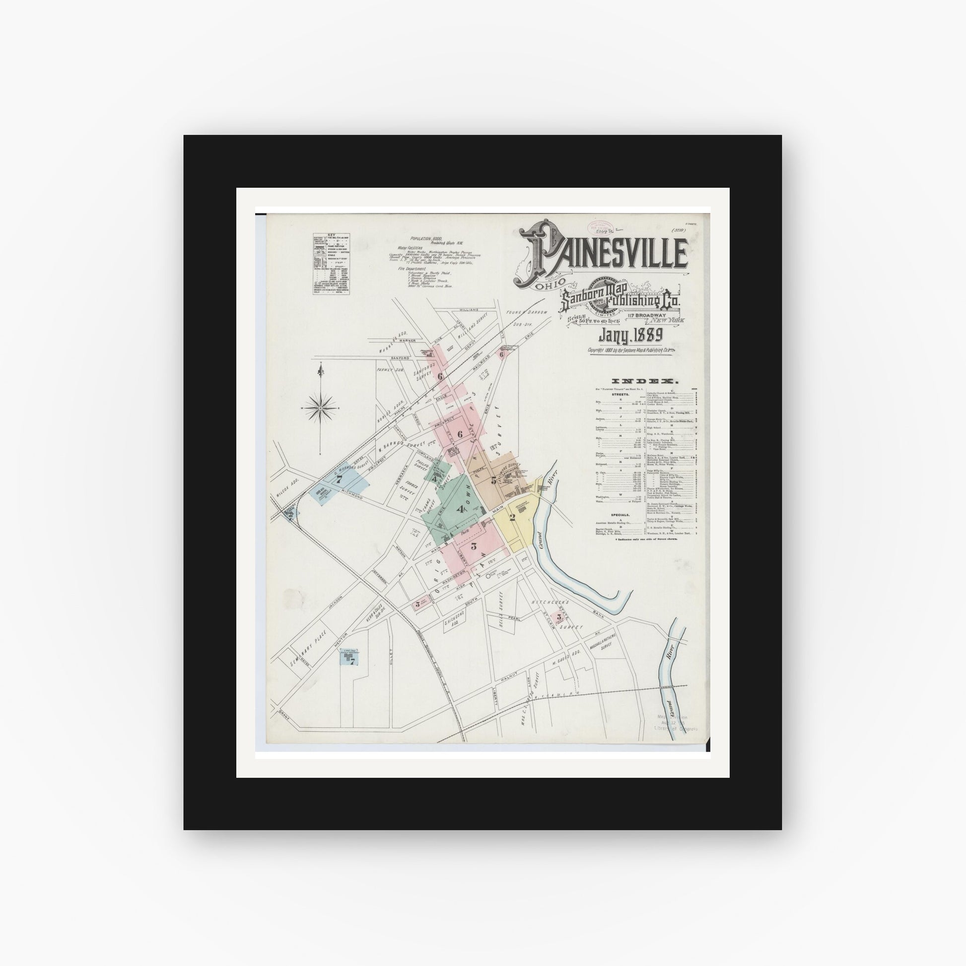 Old map wall art mockup — black gallery frame with white mat — Sanborn Fire Insurance Map from Painesville, Lake County, Ohio (1889) - Complete Map Set