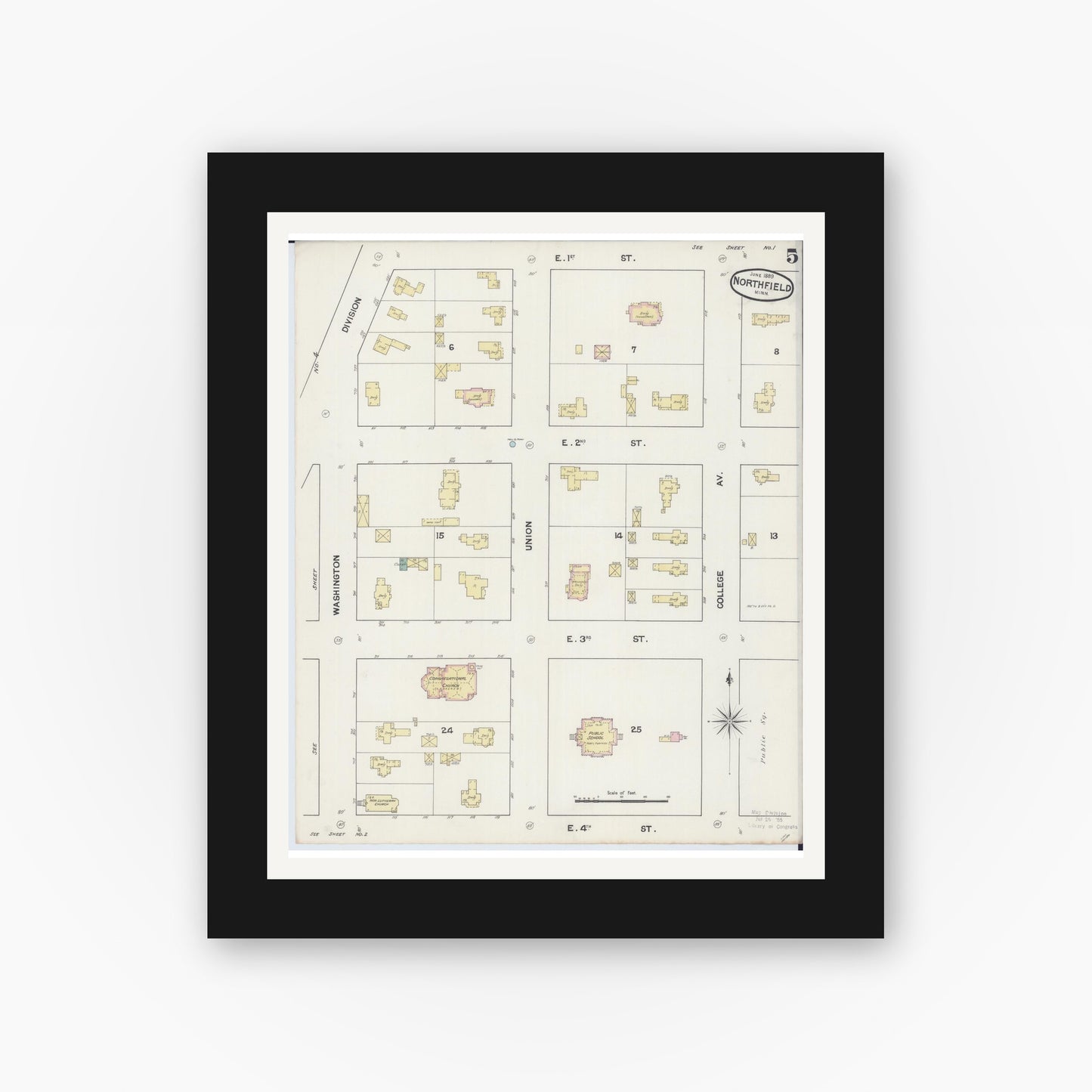 Old map wall art mockup — black gallery frame with white mat — Sanborn Fire Insurance Map from Northfield, Rice County, Minnesota (1889), Sheet #0005