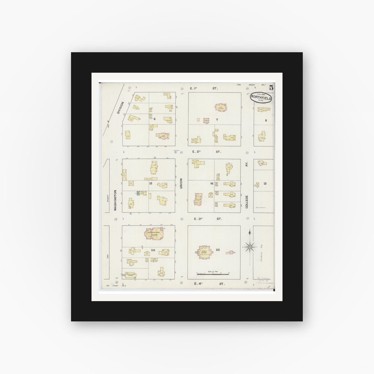 Old map wall art mockup — black gallery frame with white mat — Sanborn Fire Insurance Map from Northfield, Rice County, Minnesota (1889), Sheet #0005