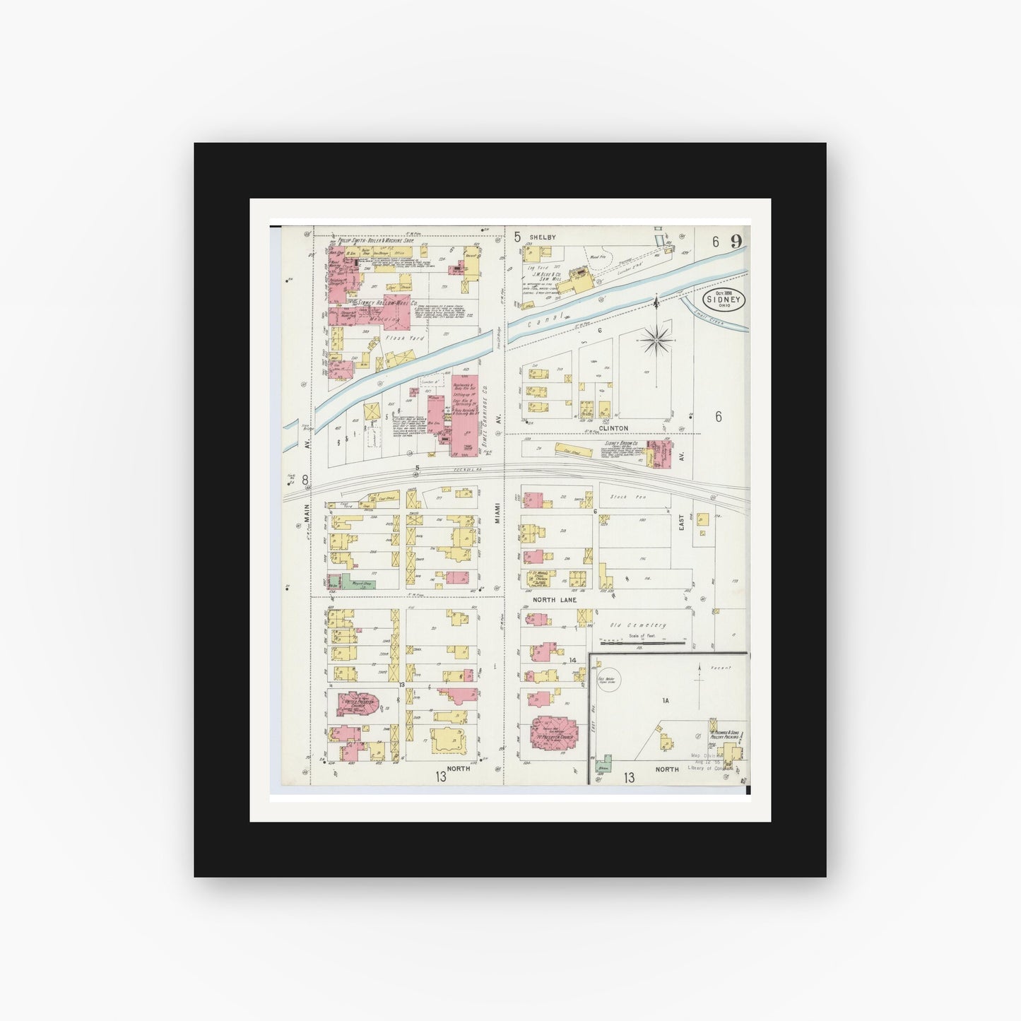 Old map wall art mockup — black gallery frame with white mat — Sanborn Fire Insurance Map from Sidney, Shelby County, Ohio (1898), Sheet #0009