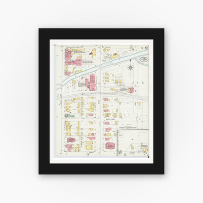 Old map wall art mockup — black gallery frame with white mat — Sanborn Fire Insurance Map from Sidney, Shelby County, Ohio (1898), Sheet #0009