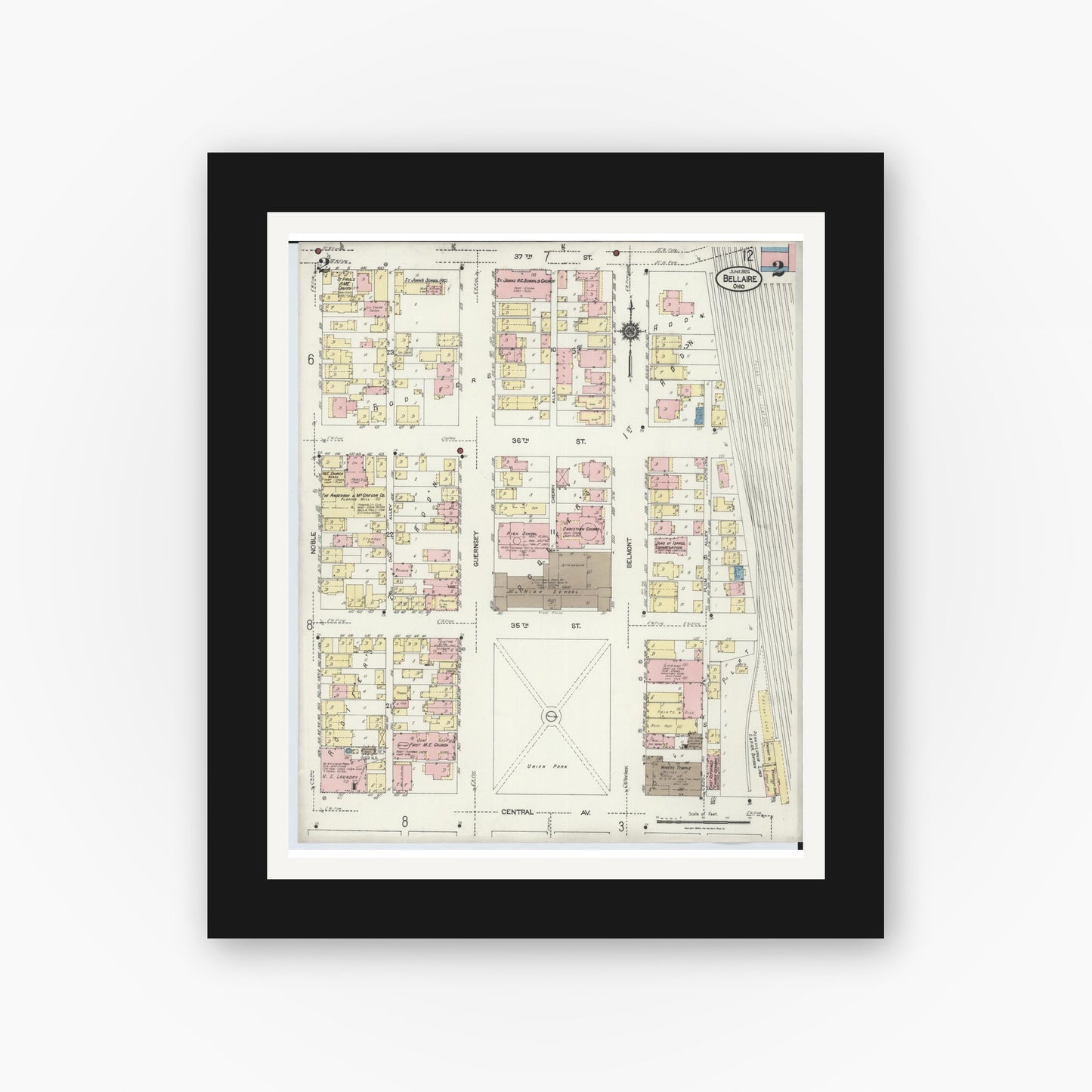Old map wall art mockup — black gallery frame with white mat — Sanborn Fire Insurance Map from Bellaire, Belmont County, Ohio (1924), Sheet #0002