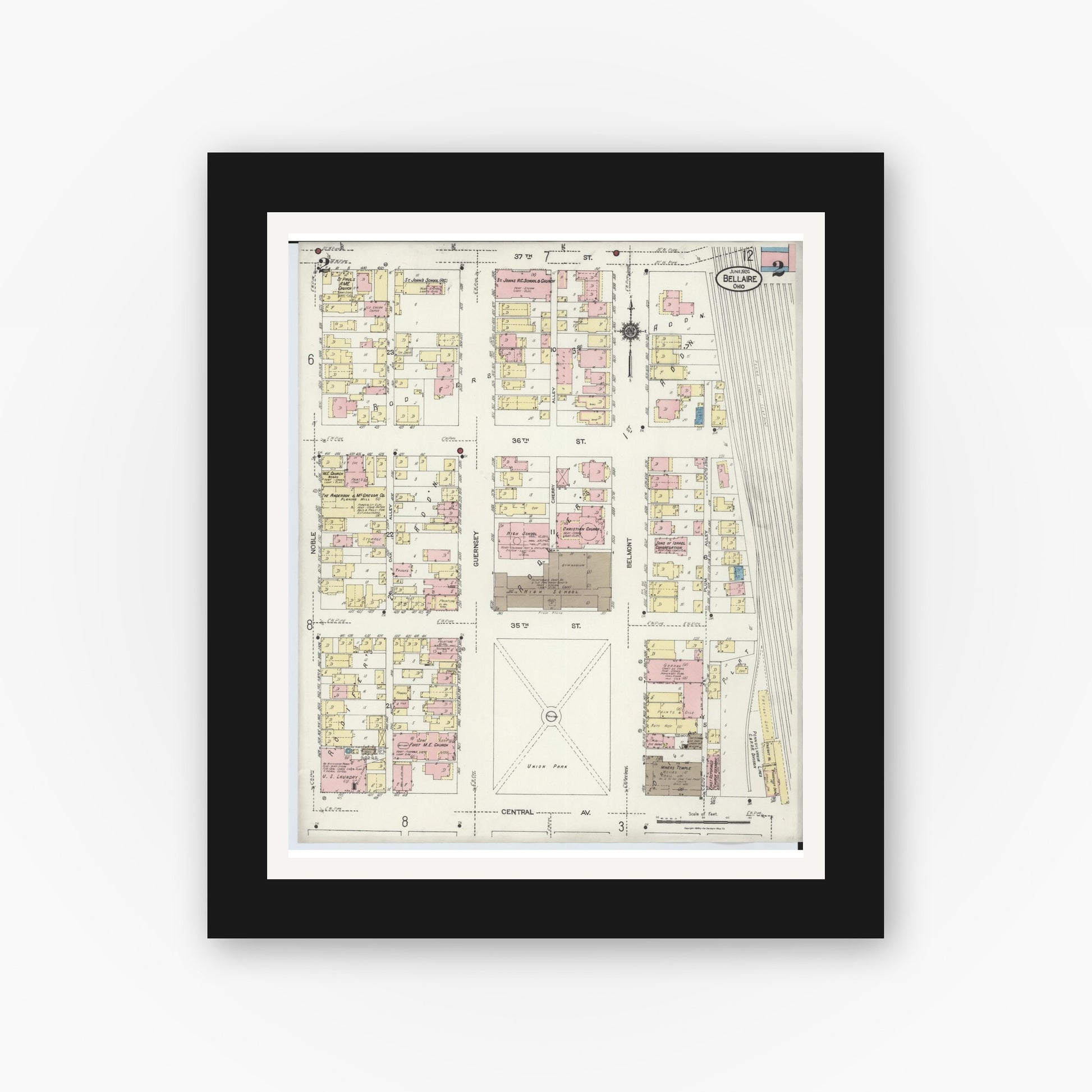 Old map wall art mockup — black gallery frame with white mat — Sanborn Fire Insurance Map from Bellaire, Belmont County, Ohio (1924), Sheet #0002