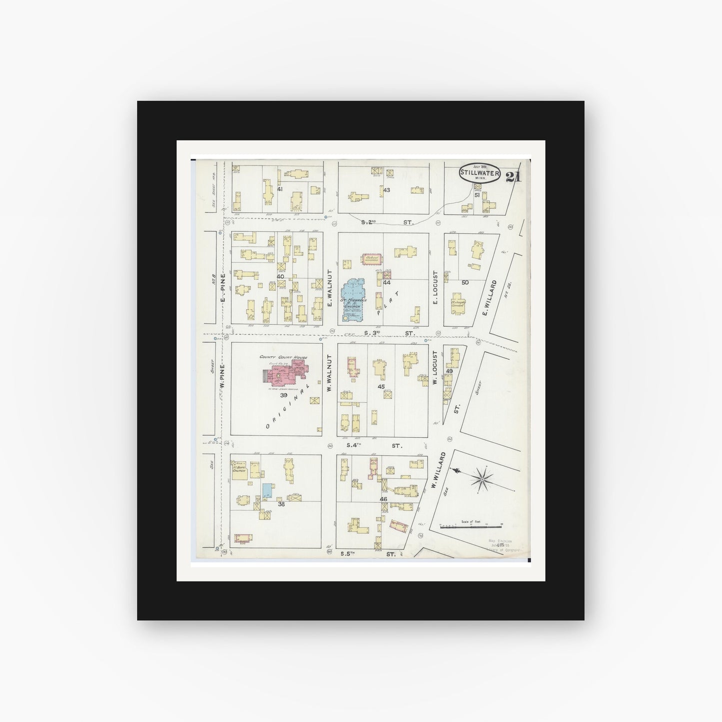 Old map wall art mockup — black gallery frame with white mat — Sanborn Fire Insurance Map from Stillwater, Washington County, Minnesota (1891), Sheet #0021