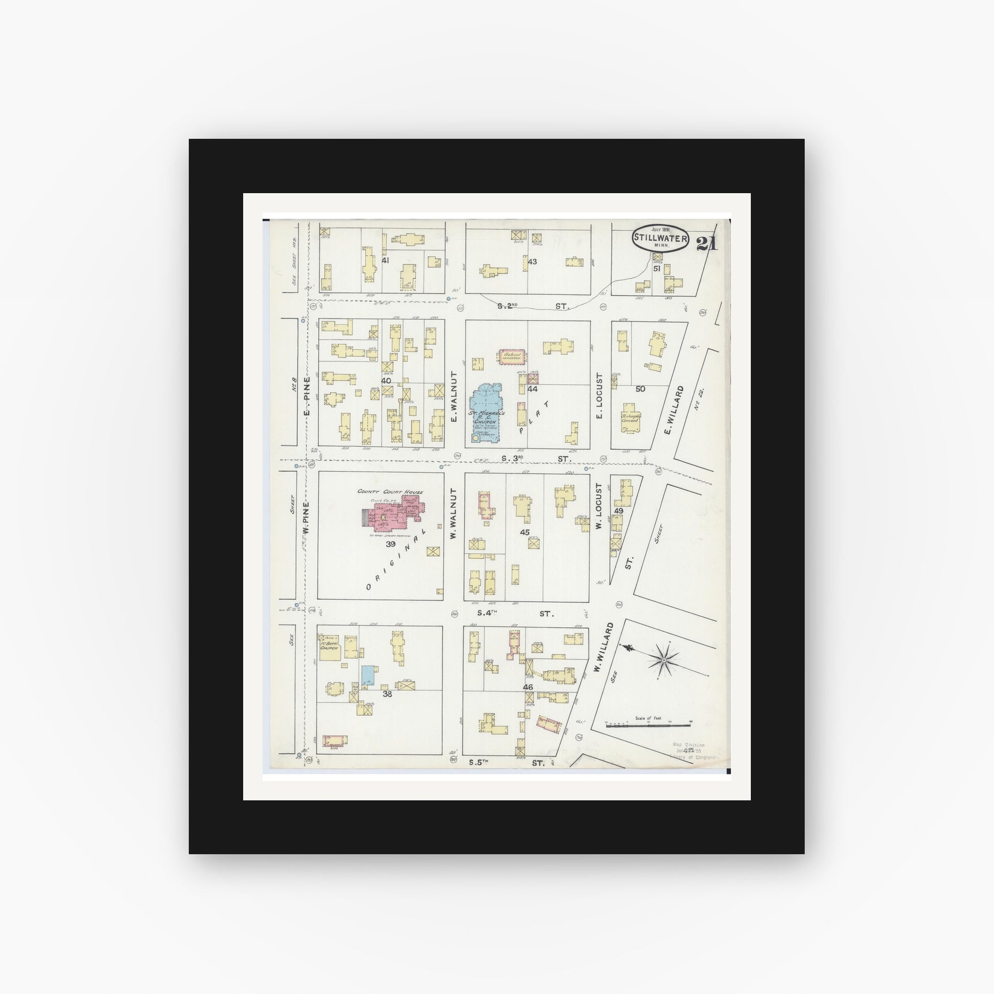 Old map wall art mockup — black gallery frame with white mat — Sanborn Fire Insurance Map from Stillwater, Washington County, Minnesota (1891), Sheet #0021