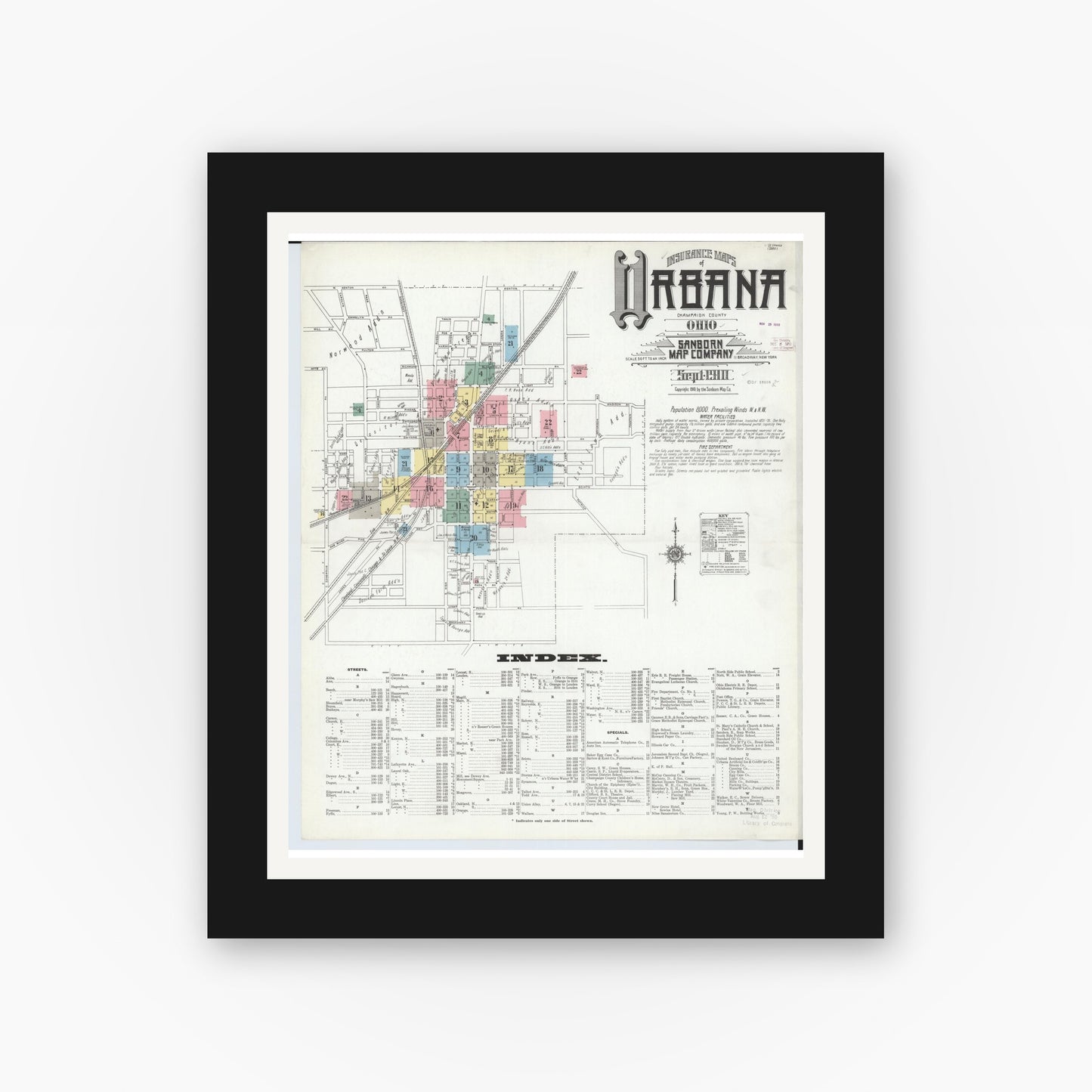 Old map wall art mockup — black gallery frame with white mat — Sanborn Fire Insurance Map from Urbana, Champaign County, Ohio (1910) - Complete Map Set