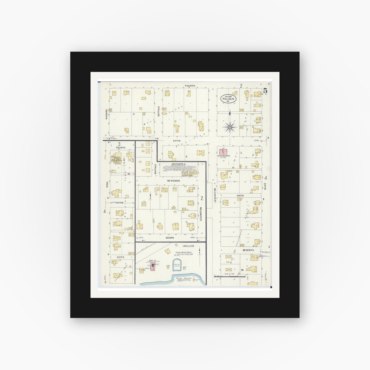 Old map wall art mockup — black gallery frame with white mat — Sanborn Fire Insurance Map from Holden, Johnson County, Missouri (1907), Sheet #0005