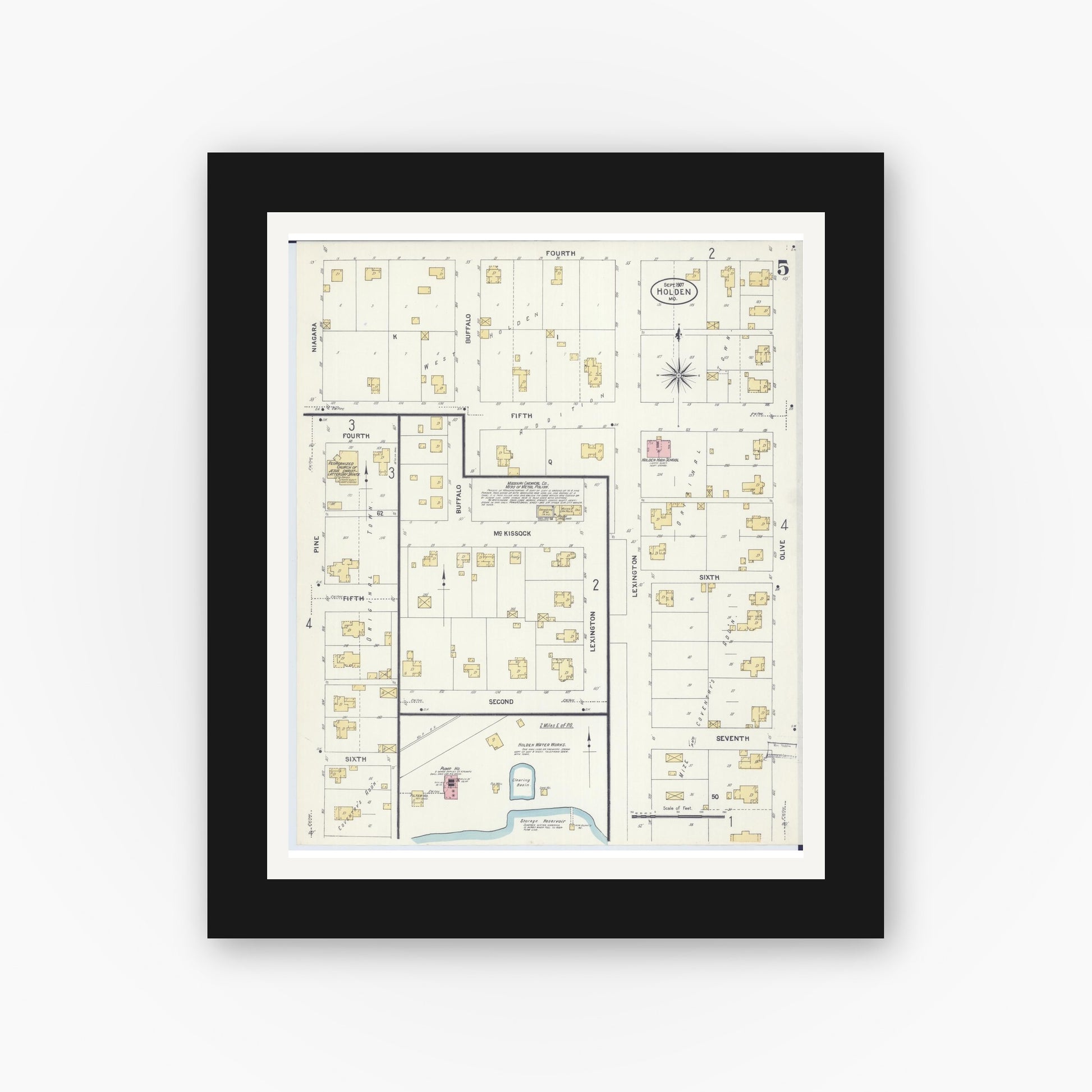 Old map wall art mockup — black gallery frame with white mat — Sanborn Fire Insurance Map from Holden, Johnson County, Missouri (1907), Sheet #0005