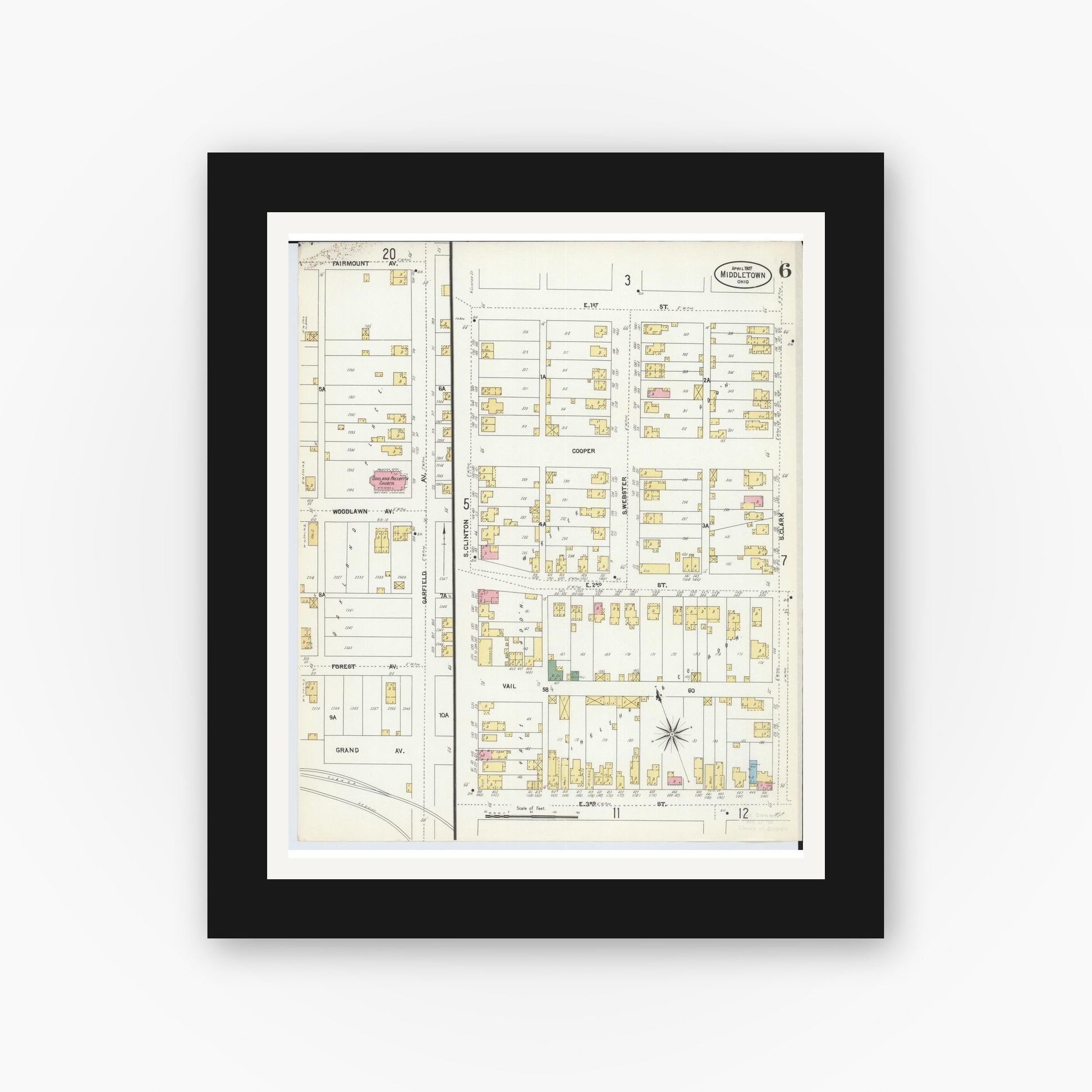 Old map wall art mockup — black gallery frame with white mat — Sanborn Fire Insurance Map from Middletown, Butler County, Ohio (1907), Sheet #0006