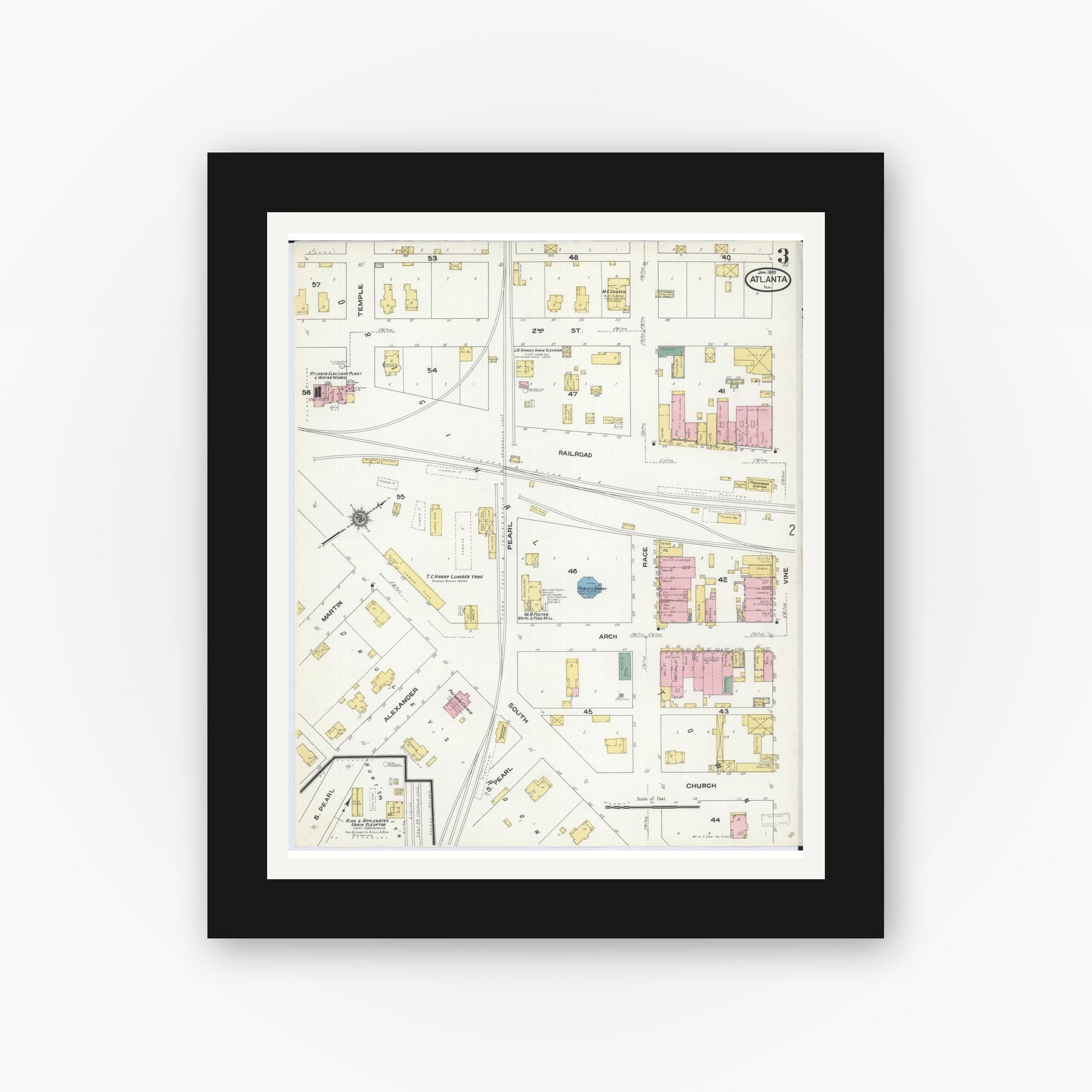Old map wall art mockup — black gallery frame with white mat — Sanborn Fire Insurance Map from Atlanta, Logan County, Illinois (1910), Sheet #0003