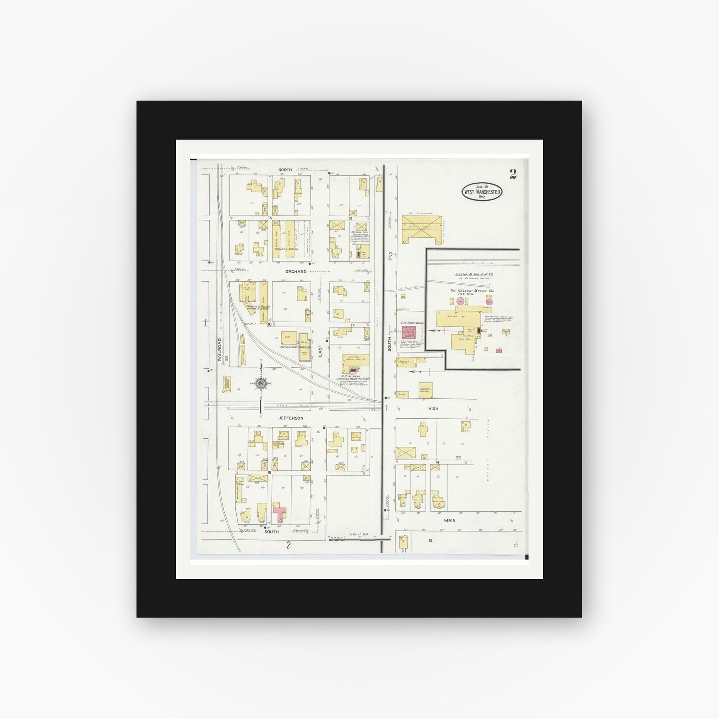 Old map wall art mockup — black gallery frame with white mat — Sanborn Fire Insurance Map from West Manchester, Preble County, Ohio (1911), Sheet #0002