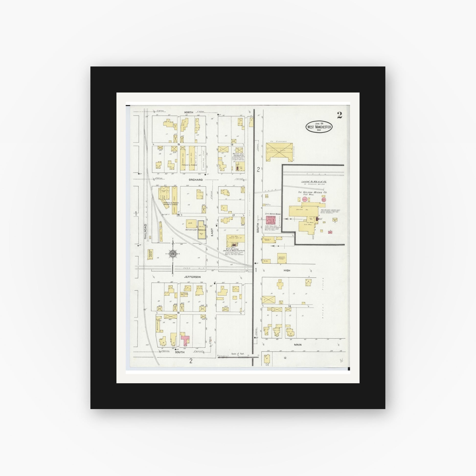 Old map wall art mockup — black gallery frame with white mat — Sanborn Fire Insurance Map from West Manchester, Preble County, Ohio (1911), Sheet #0002