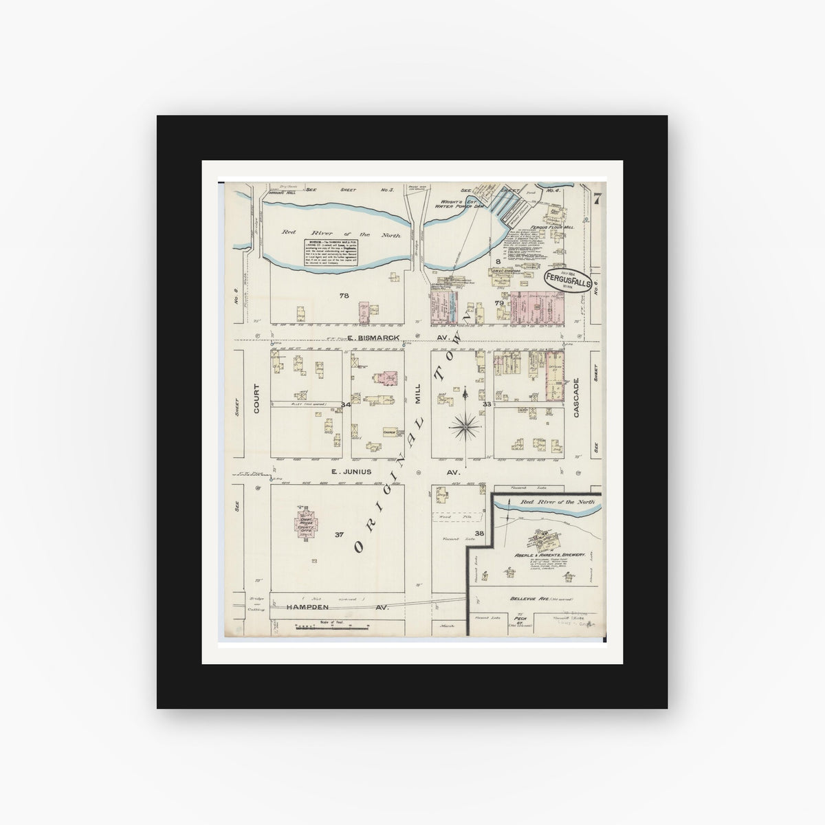 Old map wall art mockup — black gallery frame with white mat — Sanborn Fire Insurance Map from Fergus Falls, Otter Tail County, Minnesota (1884), Sheet #0007