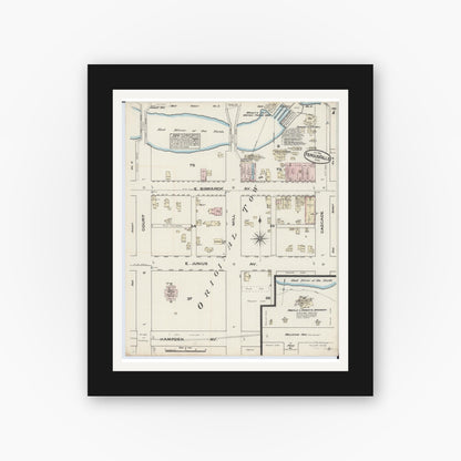 Old map wall art mockup — black gallery frame with white mat — Sanborn Fire Insurance Map from Fergus Falls, Otter Tail County, Minnesota (1884), Sheet #0007