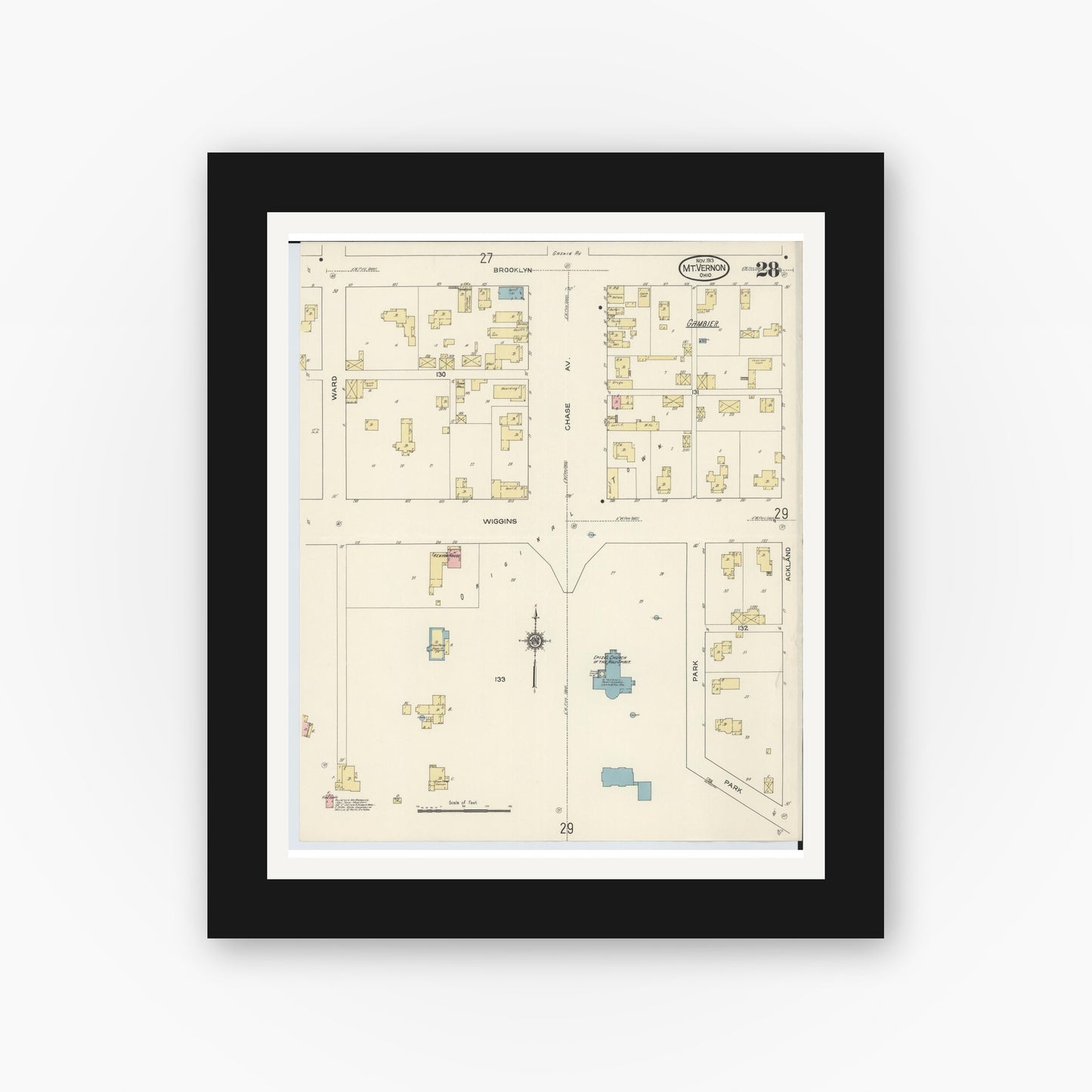 Old map wall art mockup — black gallery frame with white mat — Sanborn Fire Insurance Map from Mount Vernon, Knox County, Ohio (1913), Sheet #0028
