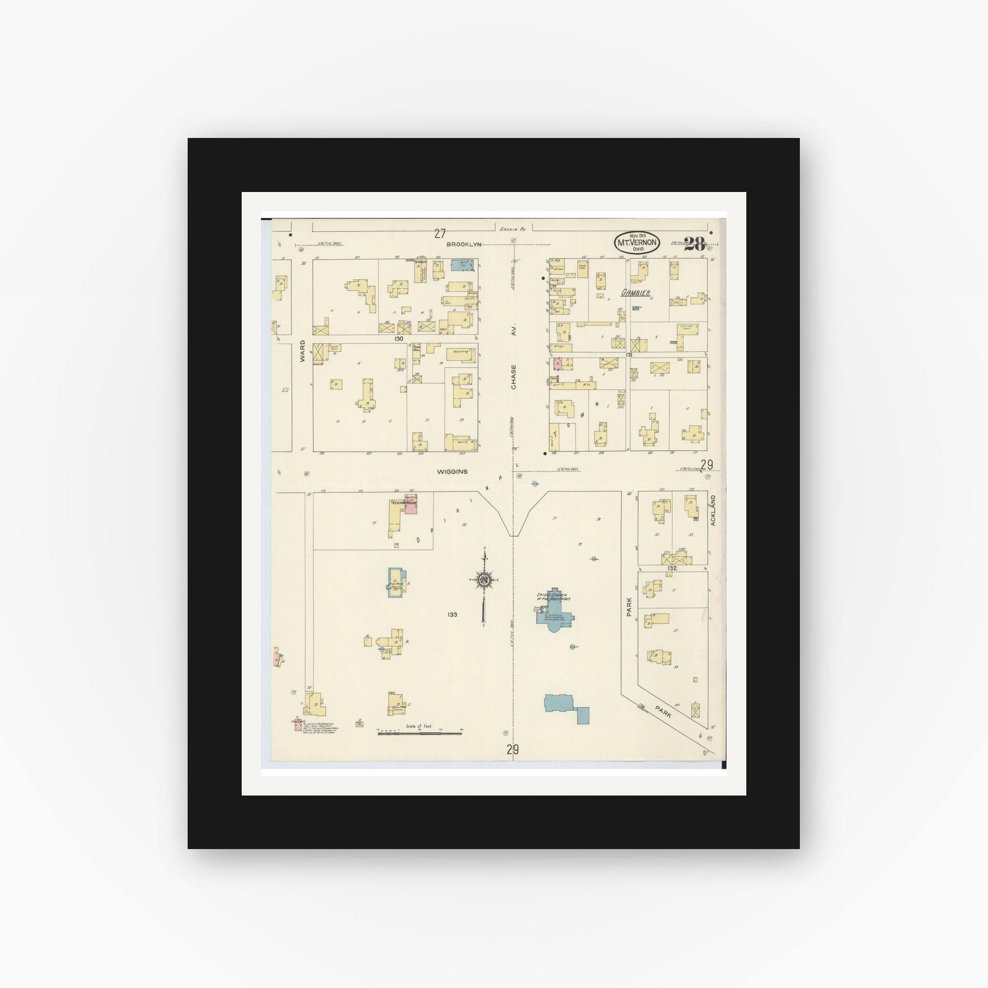 Old map wall art mockup — black gallery frame with white mat — Sanborn Fire Insurance Map from Mount Vernon, Knox County, Ohio (1913), Sheet #0028