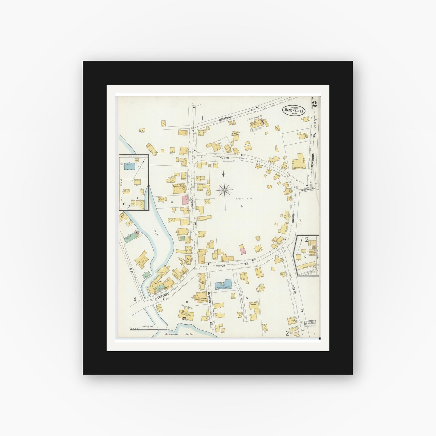 Old map wall art mockup — black gallery frame with white mat — Sanborn Fire Insurance Map from Manchester, Essex County, Massachusetts (1899), Sheet #0002