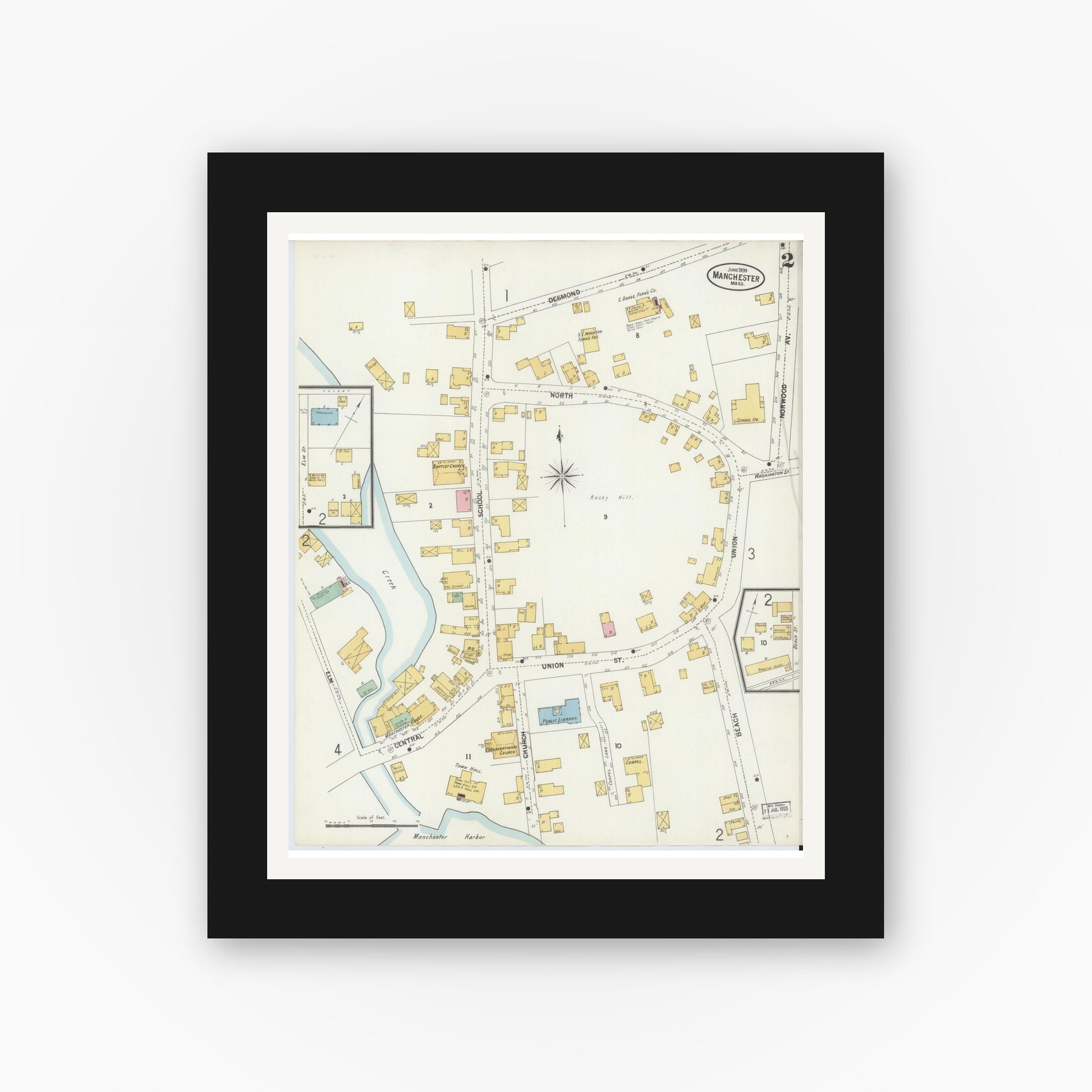 Old map wall art mockup — black gallery frame with white mat — Sanborn Fire Insurance Map from Manchester, Essex County, Massachusetts (1899), Sheet #0002