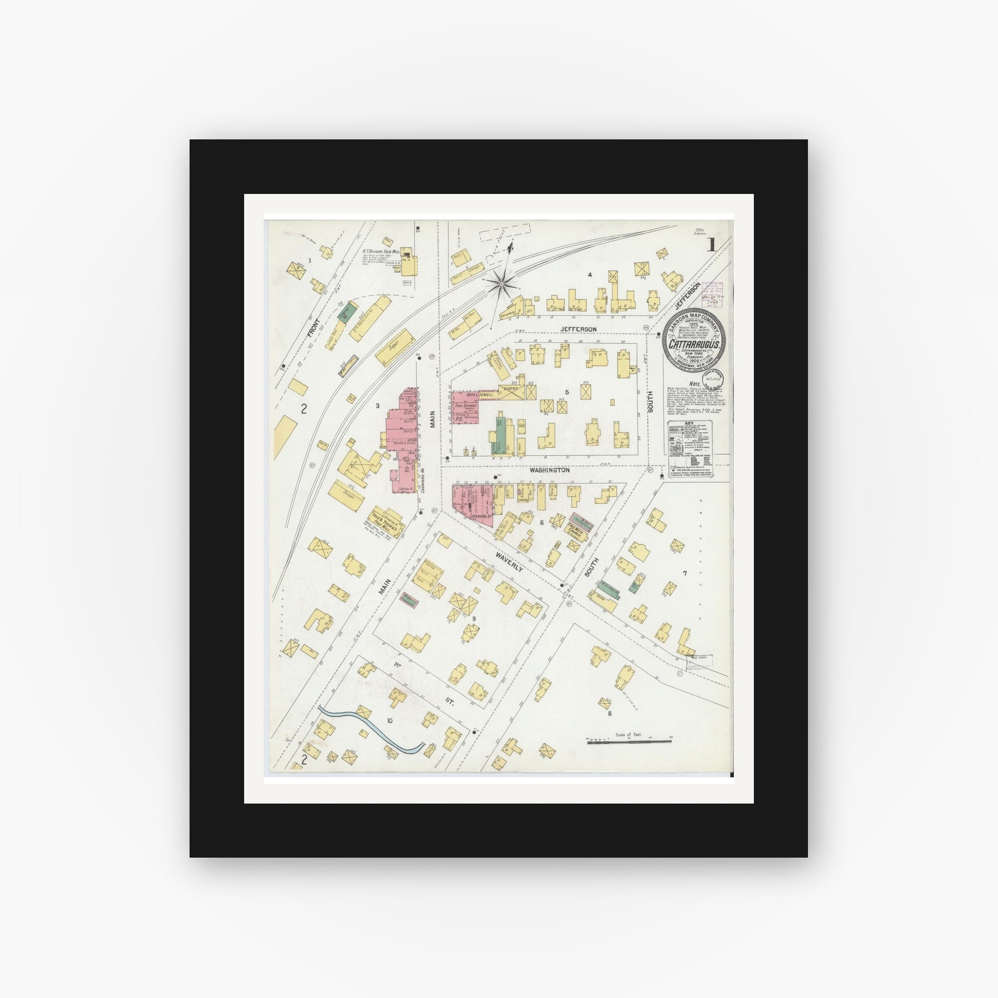 Old map wall art mockup — black gallery frame with white mat — Sanborn Fire Insurance Map from Cattaraugus, Cattaraugus County, New York (1902) - Complete Map Set
