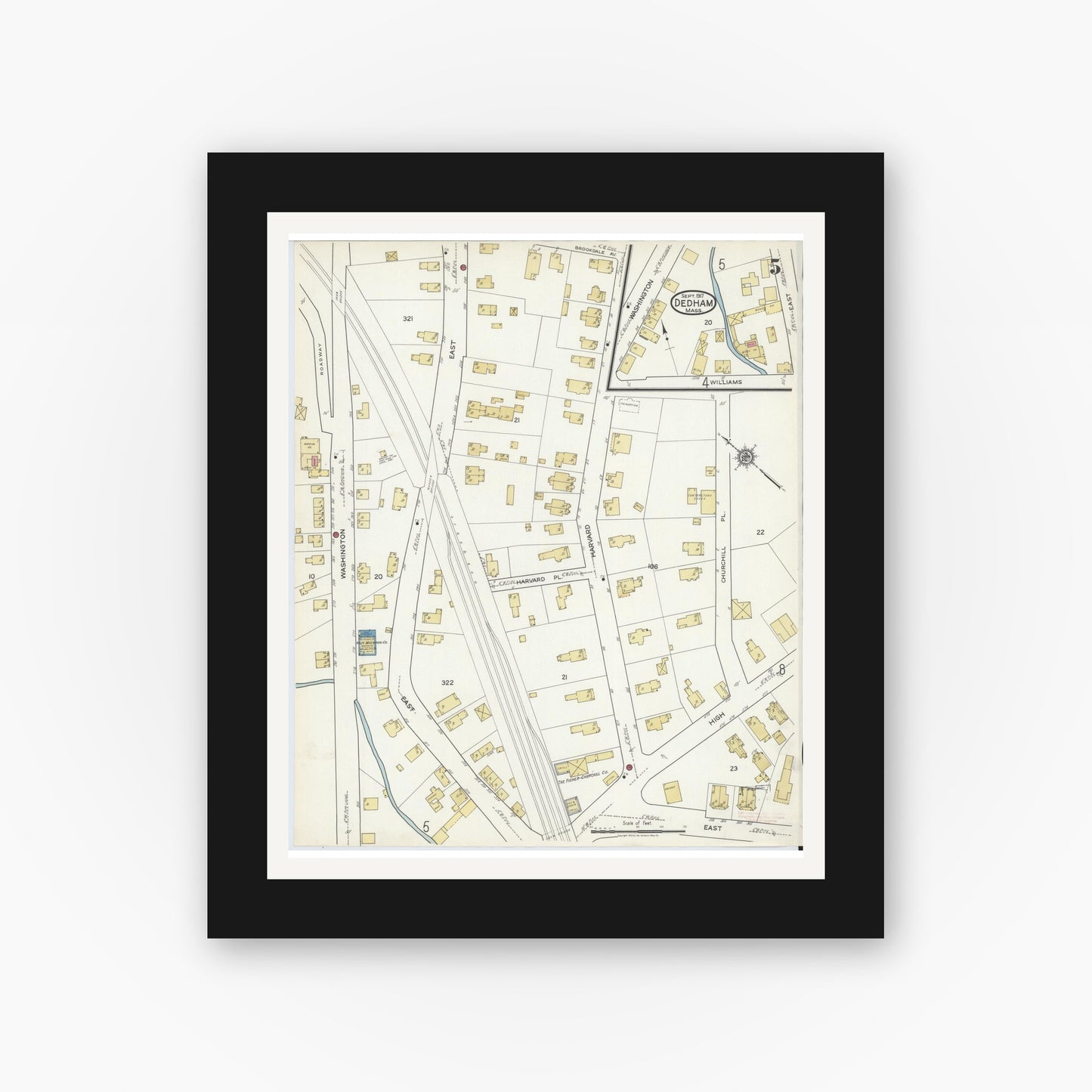 Old map wall art mockup — black gallery frame with white mat — Sanborn Fire Insurance Map from Dedham, Norfolk County, Massachusetts (1917), Sheet #0005