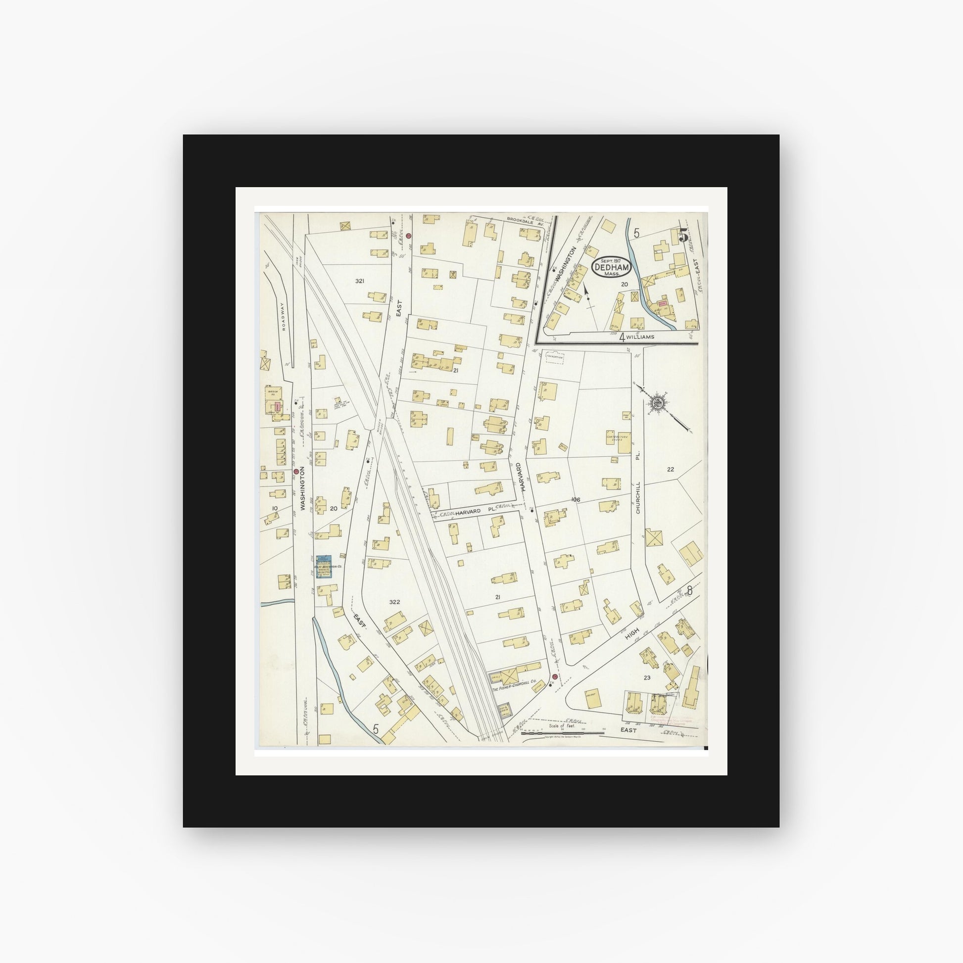 Old map wall art mockup — black gallery frame with white mat — Sanborn Fire Insurance Map from Dedham, Norfolk County, Massachusetts (1917), Sheet #0005