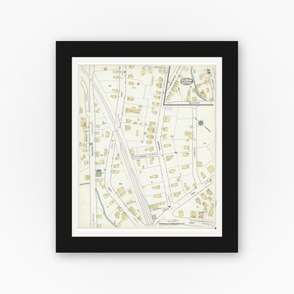 Old map wall art mockup — black gallery frame with white mat — Sanborn Fire Insurance Map from Dedham, Norfolk County, Massachusetts (1917), Sheet #0005