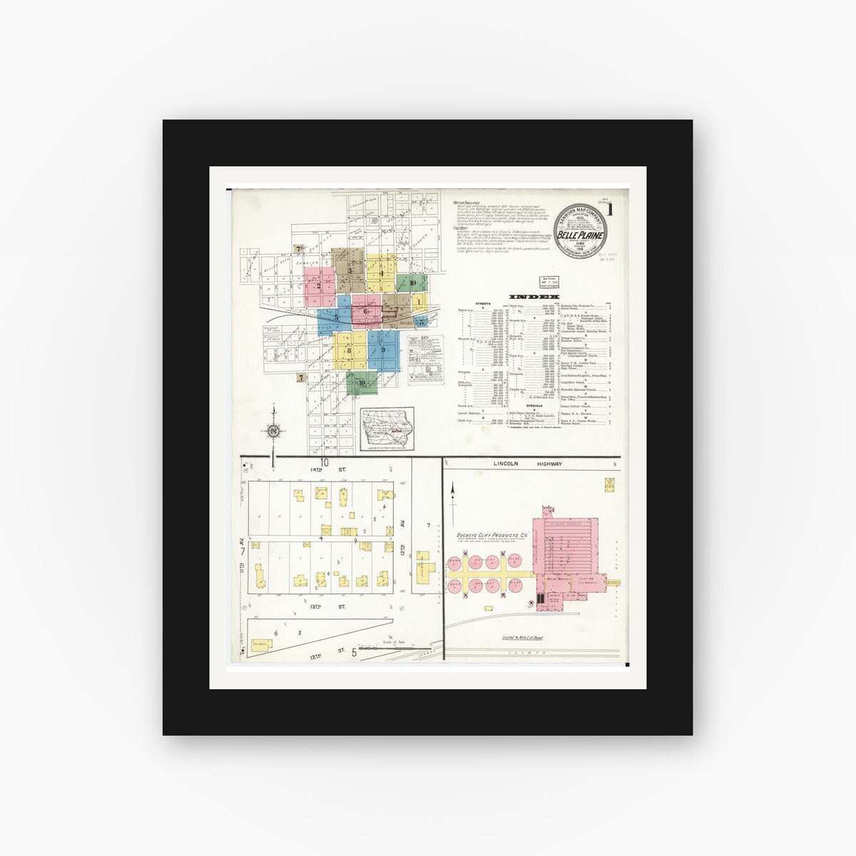 Old map wall art mockup — black gallery frame with white mat — Sanborn Fire Insurance Map from Belle Plaine, Benton County, Iowa (1916) â€” Complete Set