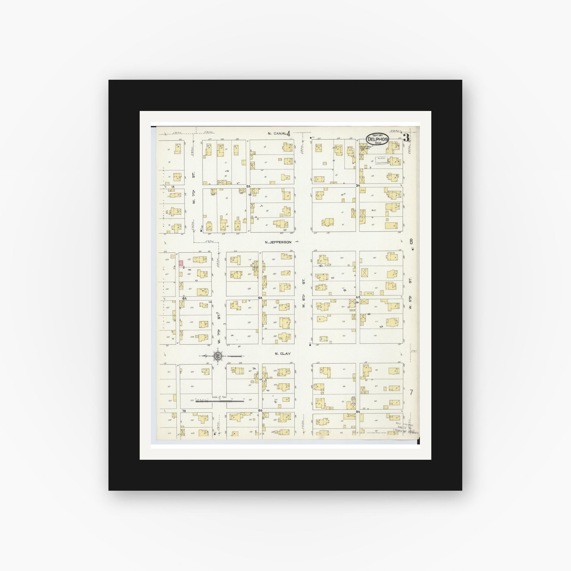 Old map wall art mockup — black gallery frame with white mat — Sanborn Fire Insurance Map from Delphos, Van Wert And Allen Counties, Ohio (1911), Sheet #0003