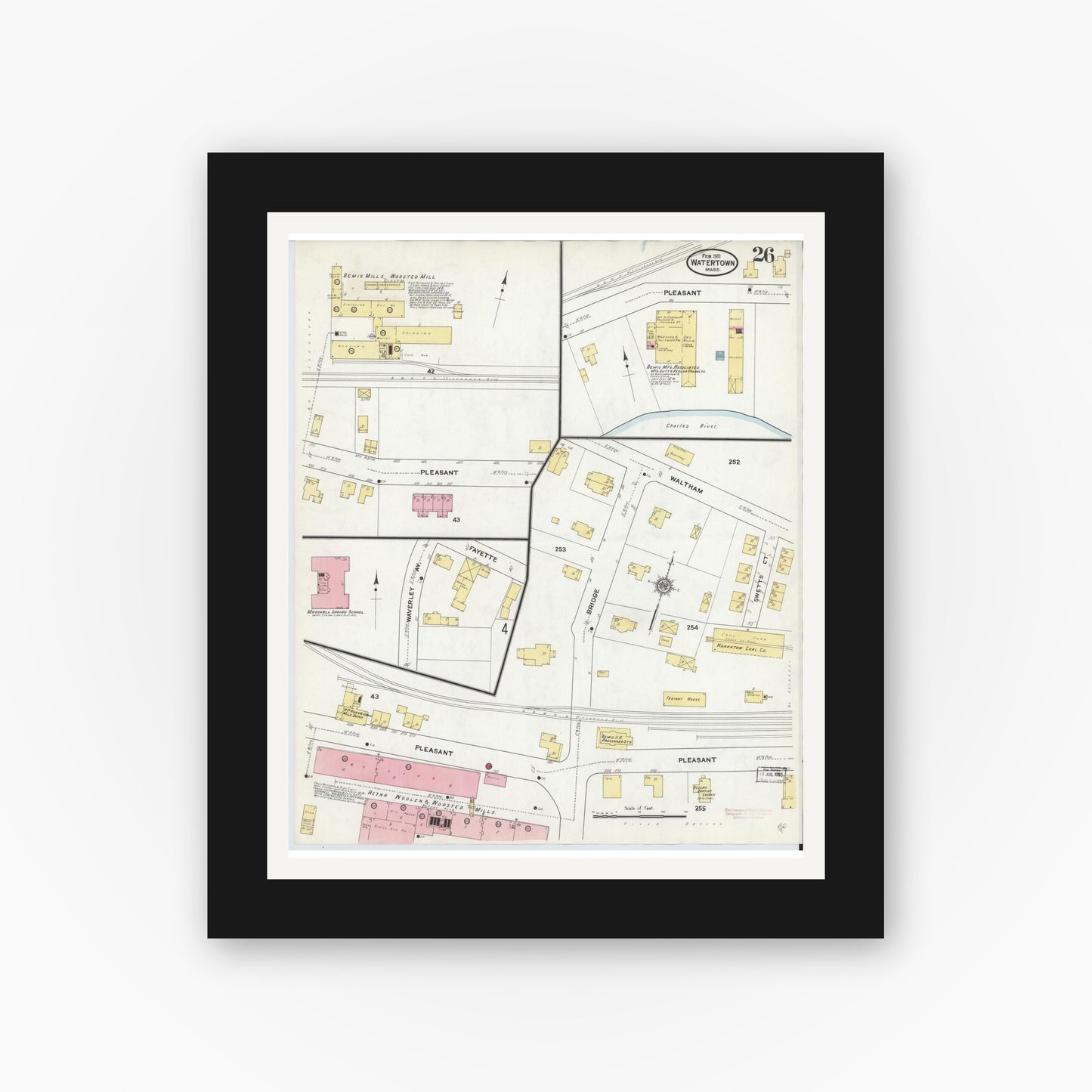 Old map wall art mockup — black gallery frame with white mat — Sanborn Fire Insurance Map from Watertown, Middlesex County, Massachusetts (1911), Sheet #0026