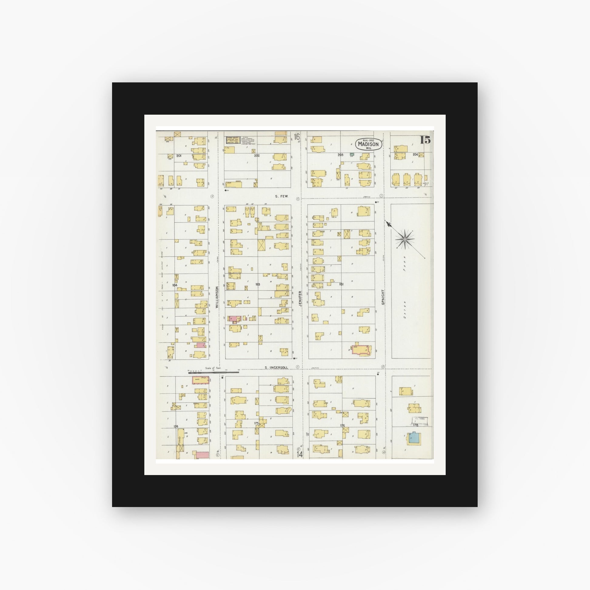 Old map wall art mockup — black gallery frame with white mat — Sanborn Fire Insurance Map from Madison, Dane County, Wisconsin (1902), Sheet #0015