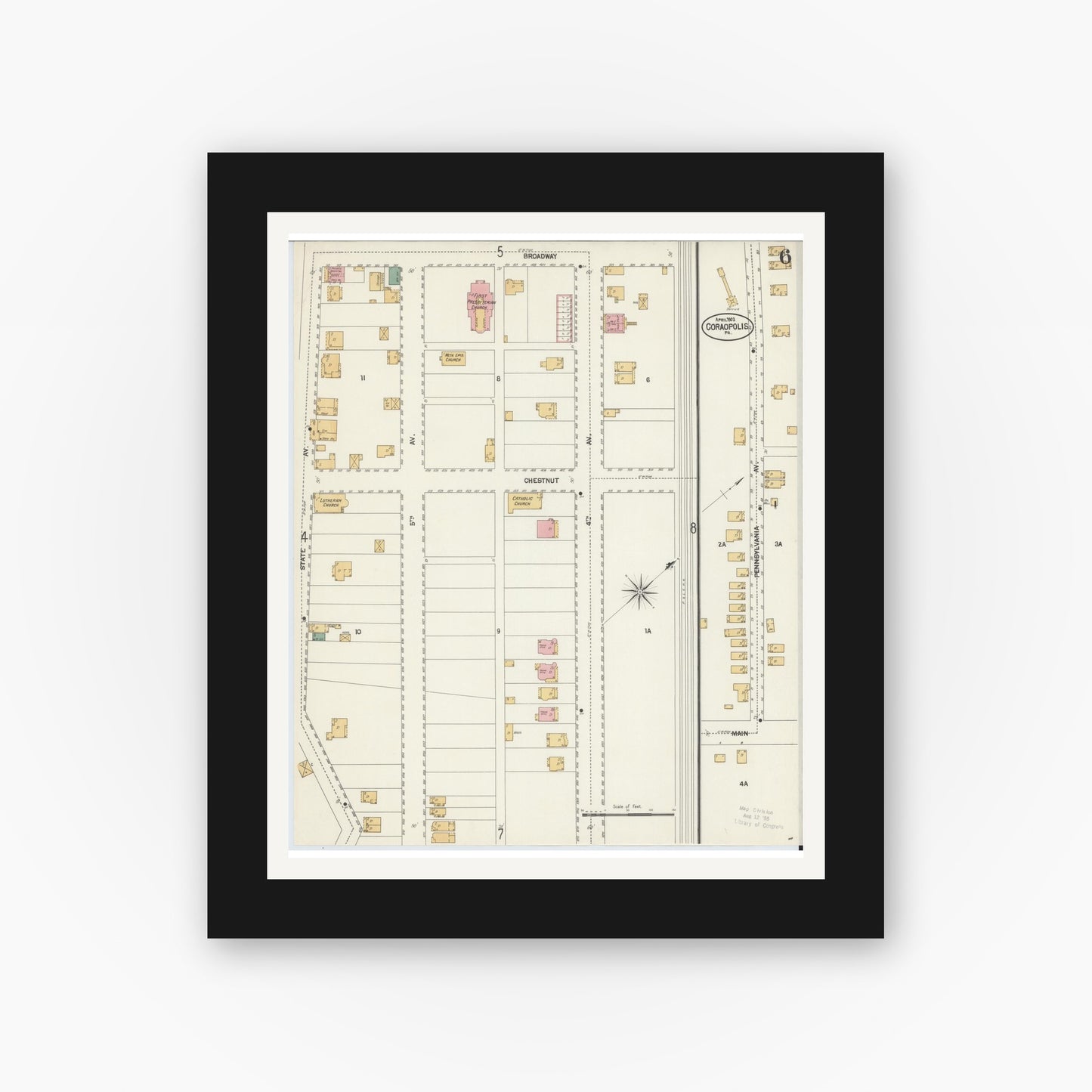 Old map wall art mockup — black gallery frame with white mat — Sanborn Fire Insurance Map from Coraopolis, Allegheny County, Pennsylvania (1902), Sheet #0006